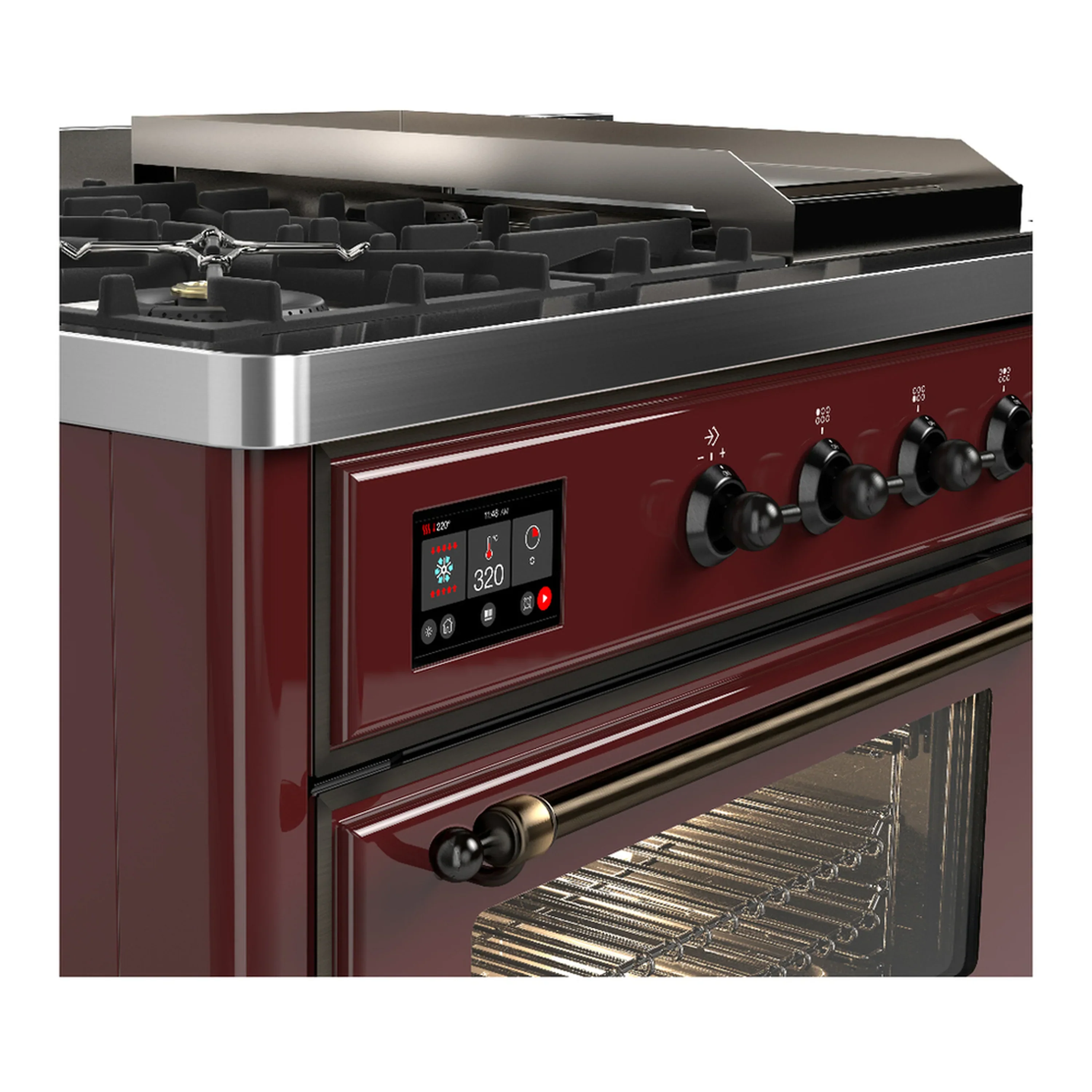 ILVE Majestic III 48-inch Dual Fuel Range with 5 Natural Gas Burner, Griddle, French Top and Triple Glass Door Electric Oven in Burgundy with Burnished Trim (UM48FSNR3BUB) - Image 7