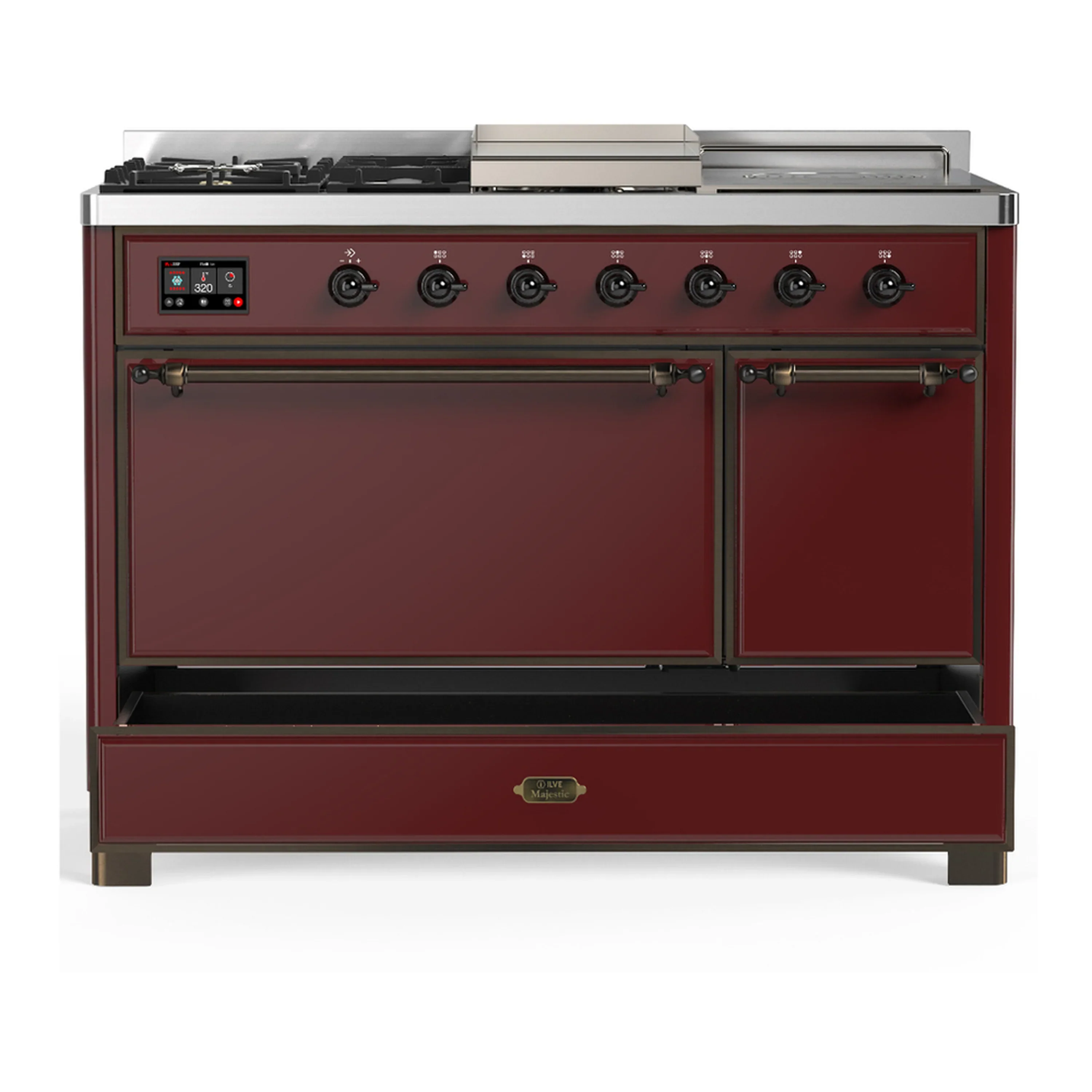 ILVE Majestic III 48-inch Dual Fuel Range with 5 Natural Gas Burner, Griddle, French Top and Solid Door Electric Oven in Burgundy with Burnished Trim (UM48FSQNR3BUB) - Image 3