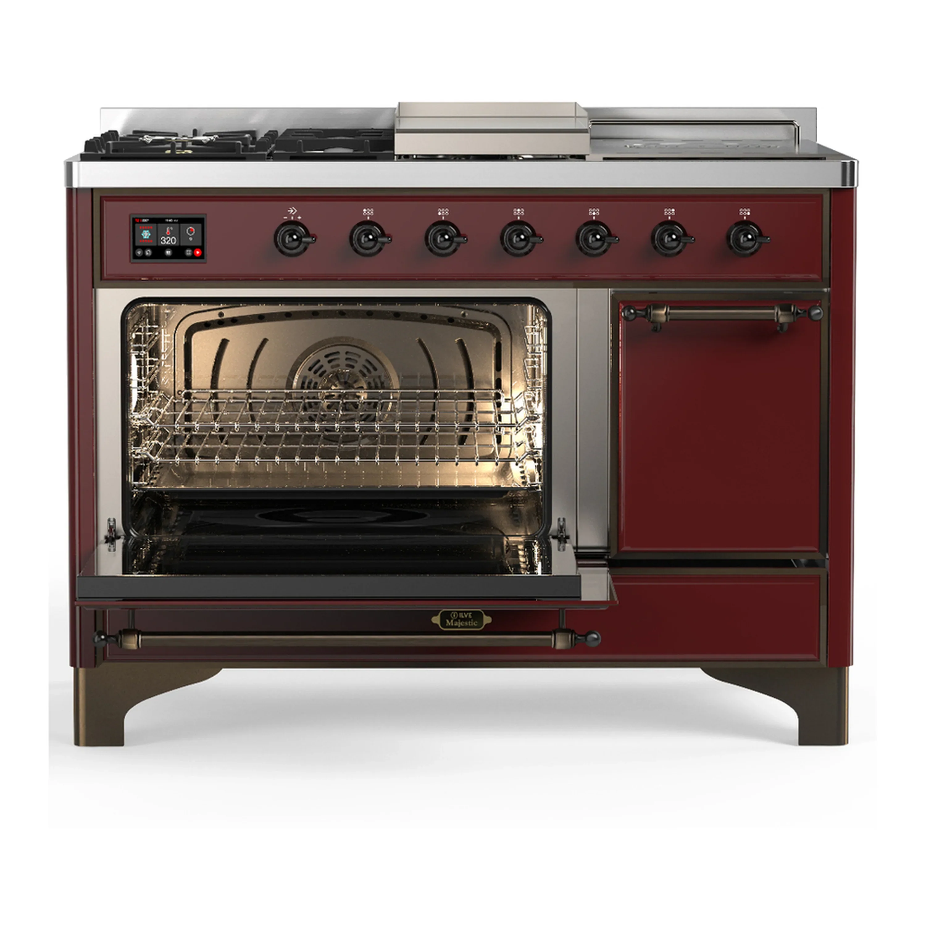 ILVE Majestic III 48-inch Dual Fuel Range with 5 Natural Gas Burner, Griddle, French Top and Solid Door Electric Oven in Burgundy with Burnished Trim (UM48FSQNR3BUB) - Image 5