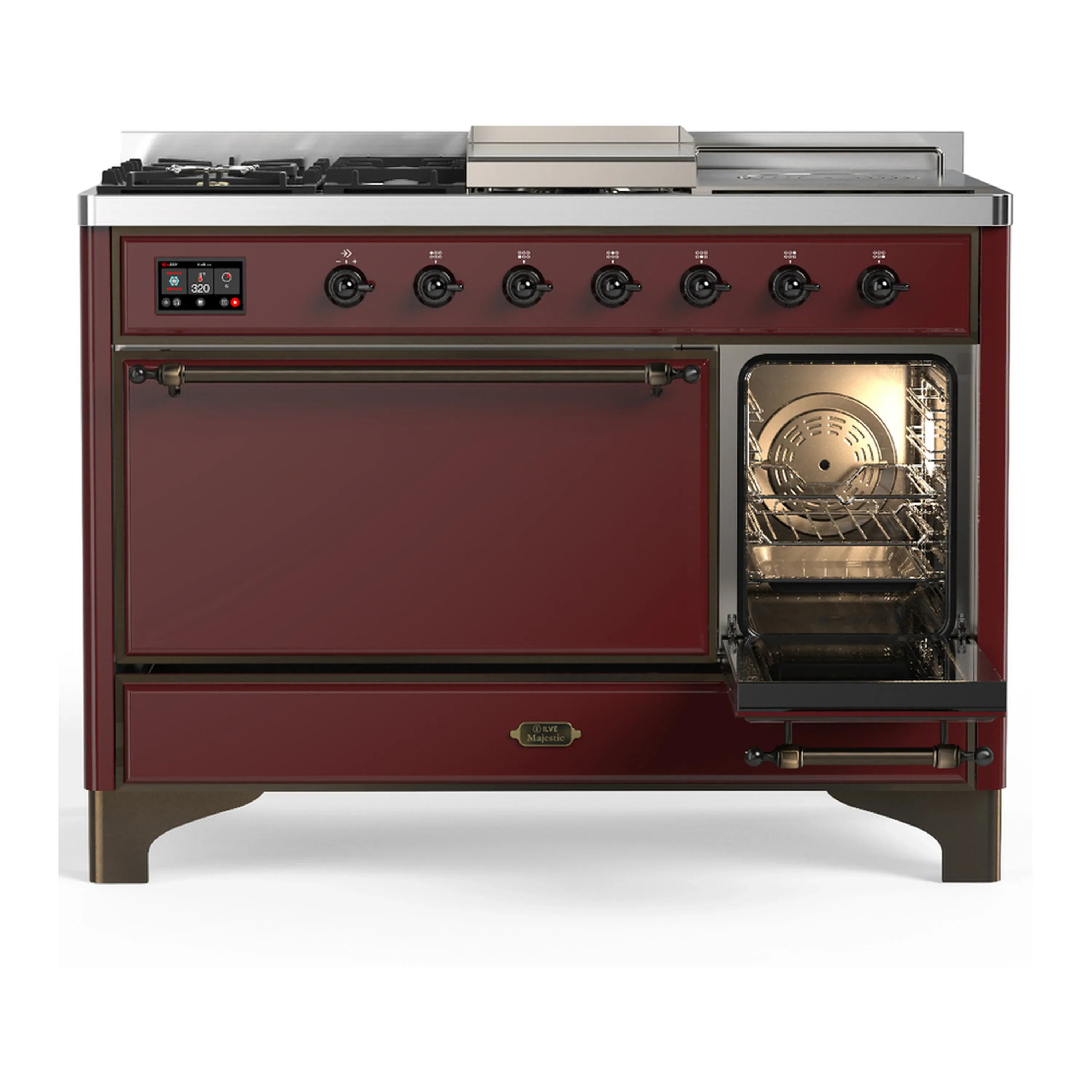 ILVE Majestic III 48-inch Dual Fuel Range with 5 Liquid Propane Burner, Griddle, French Top and Solid Door Electric Oven in Burgundy with Burnished Trim (UM48FSQNR3BUBLP) - Image 4