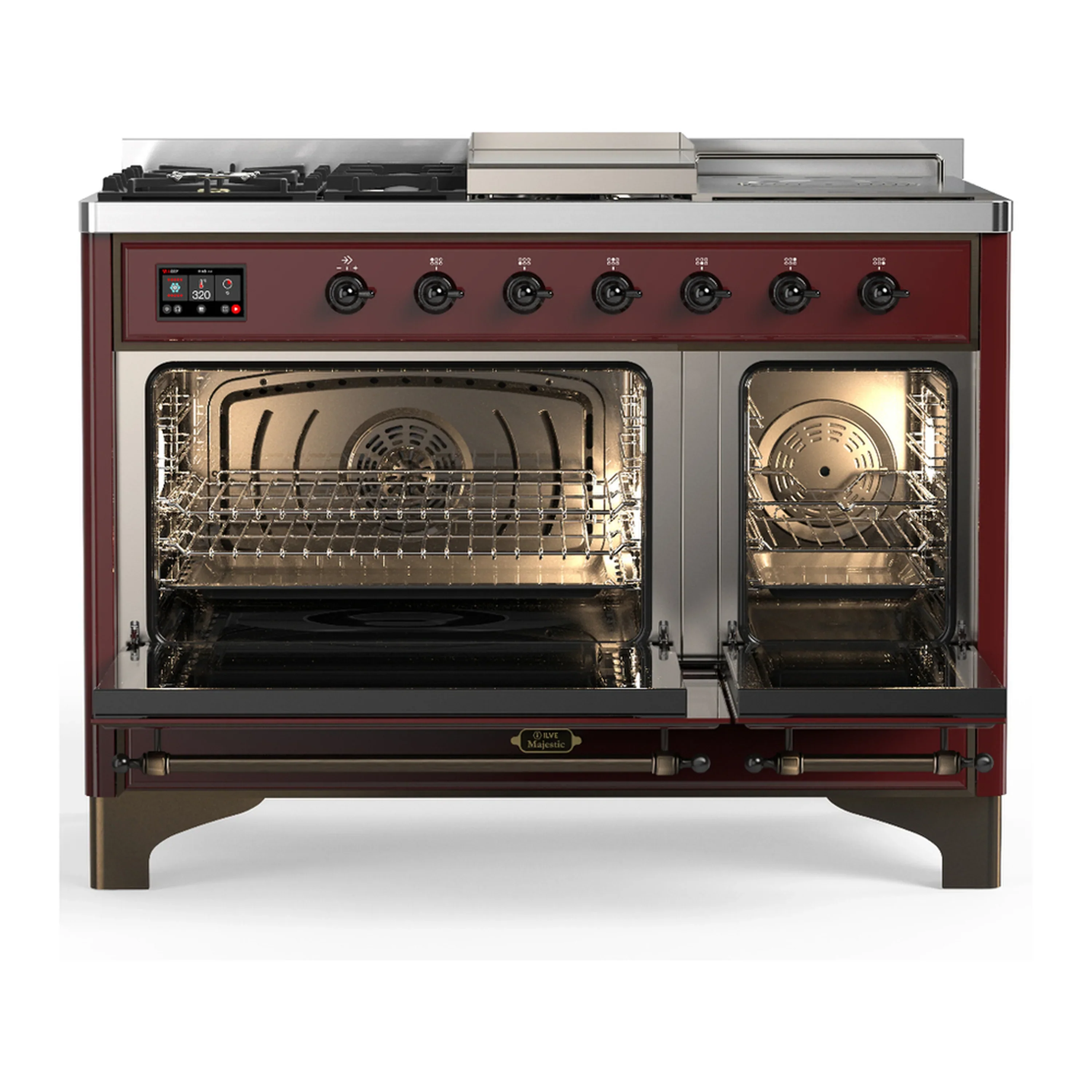 ILVE Majestic III 48-inch Dual Fuel Range with 5 Liquid Propane Burner, Griddle, French Top and Solid Door Electric Oven in Burgundy with Burnished Trim (UM48FSQNR3BUBLP) - Image 6