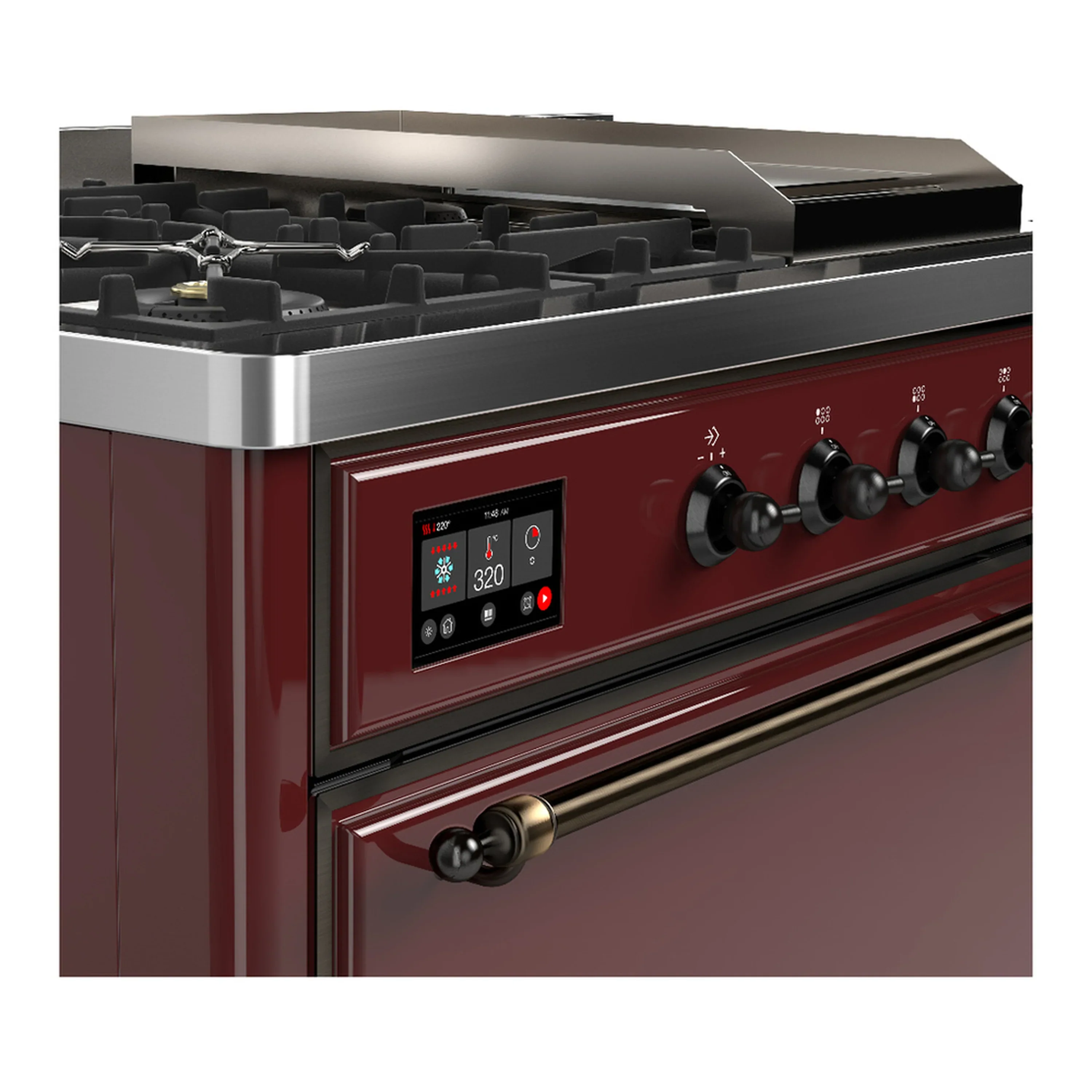 ILVE Majestic III 48-inch Dual Fuel Range with 5 Liquid Propane Burner, Griddle, French Top and Solid Door Electric Oven in Burgundy with Burnished Trim (UM48FSQNR3BUBLP) - Image 7