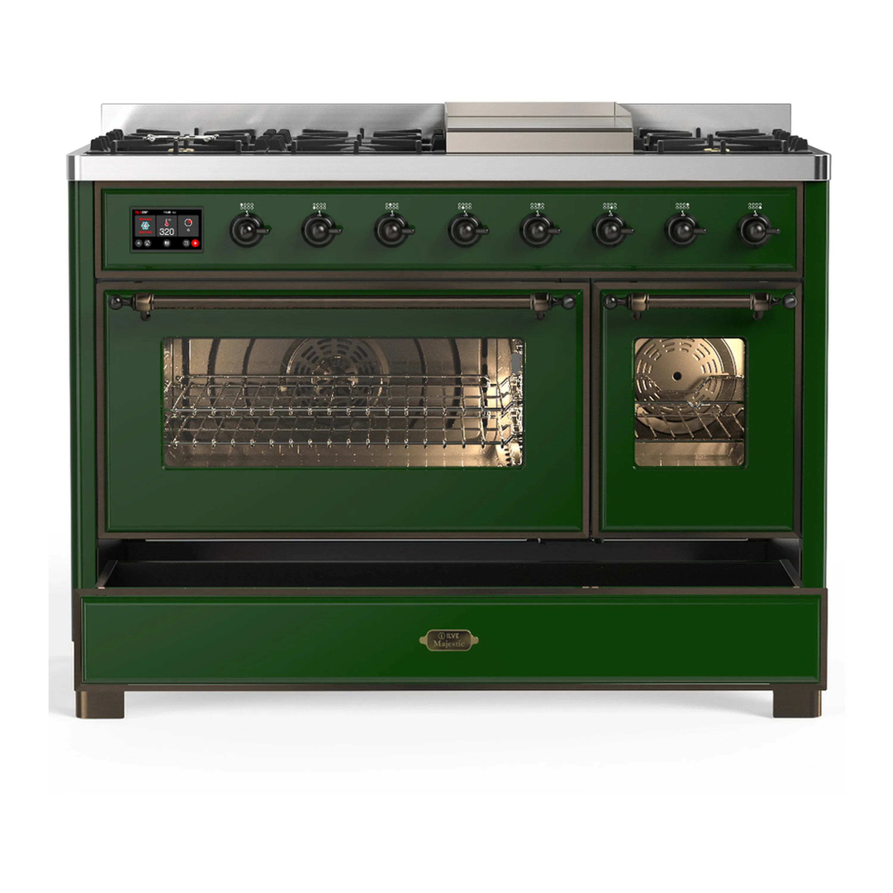 ILVE Majestic III 48-inch Dual Fuel Range with 5 Natural Gas Burner, Griddle and Triple Glass Door Electric Oven in Emerald Green with Burnished Trim (UM48FNR3EGB) - Image 3
