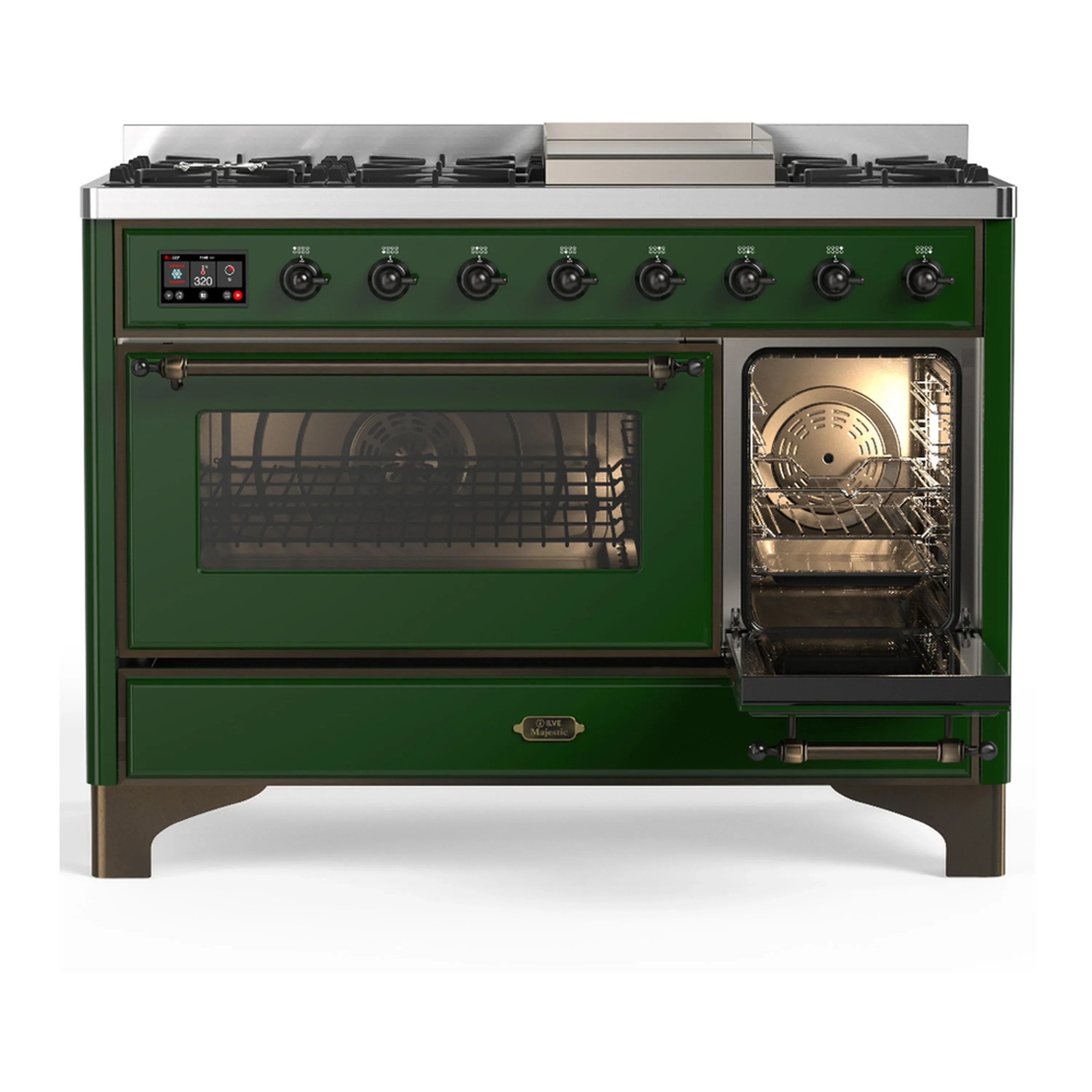 ILVE Majestic III 48-inch Dual Fuel Range with 5 Natural Gas Burner, Griddle and Triple Glass Door Electric Oven in Emerald Green with Burnished Trim (UM48FNR3EGB) - Image 4