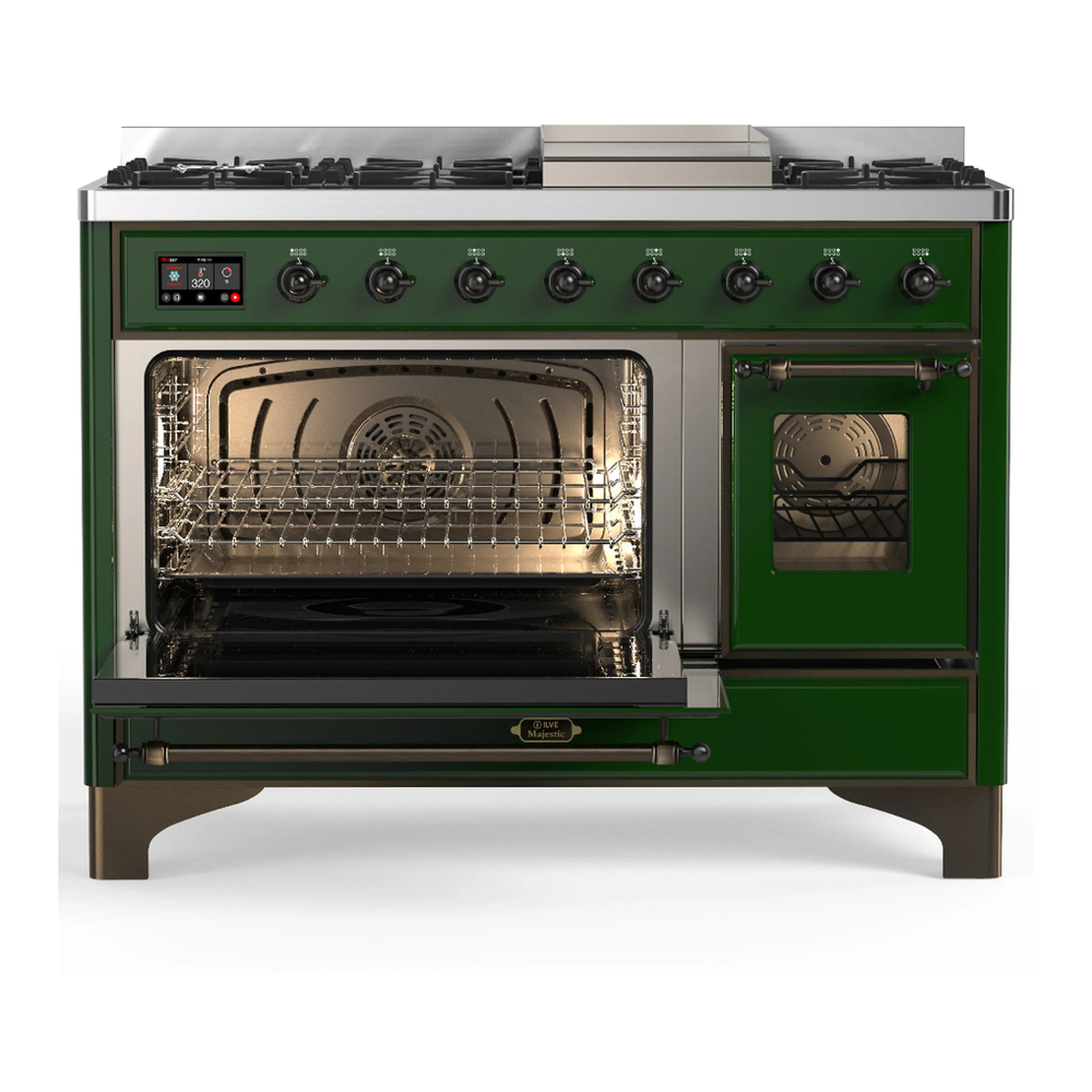 ILVE Majestic III 48-inch Dual Fuel Range with 5 Natural Gas Burner, Griddle and Triple Glass Door Electric Oven in Emerald Green with Burnished Trim (UM48FNR3EGB) - Image 5