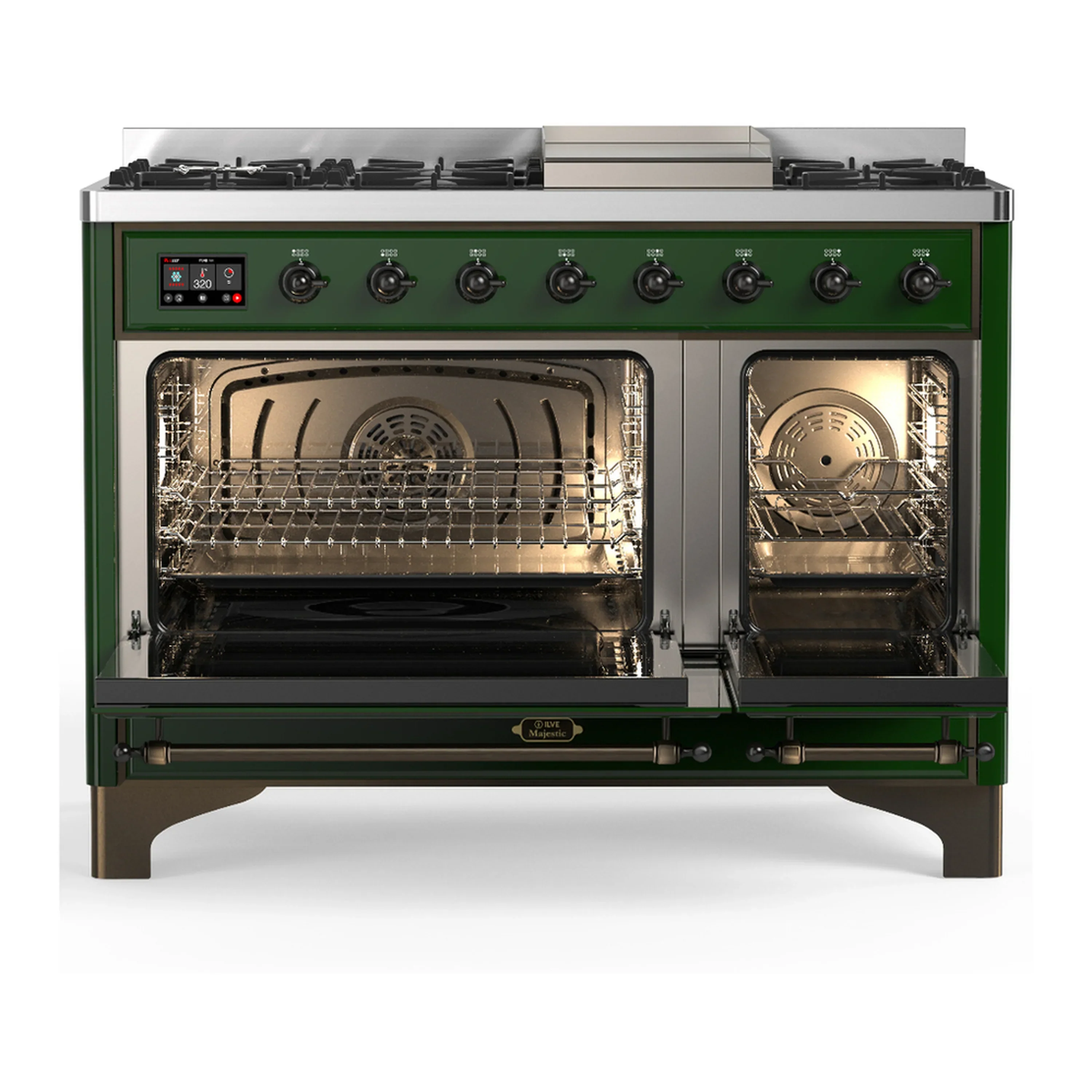 ILVE Majestic III 48-inch Dual Fuel Range with 5 Natural Gas Burner, Griddle and Triple Glass Door Electric Oven in Emerald Green with Burnished Trim (UM48FNR3EGB) - Image 6