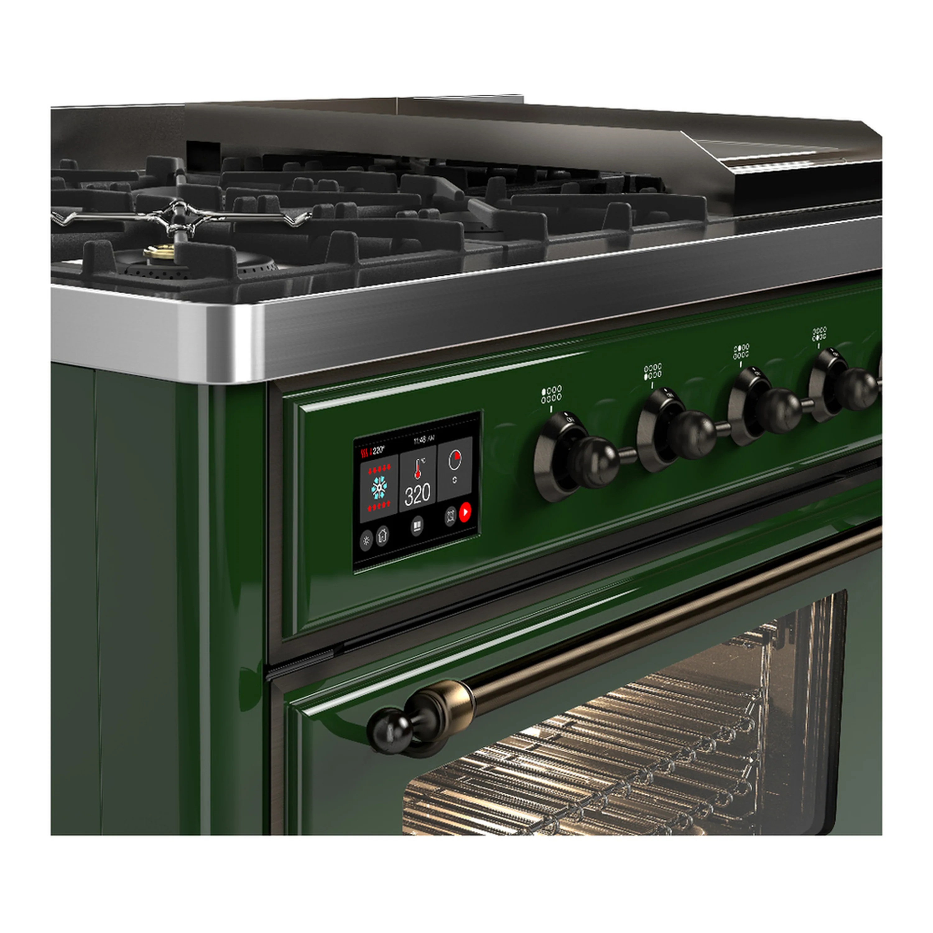 ILVE Majestic III 48-inch Dual Fuel Range with 5 Natural Gas Burner, Griddle and Triple Glass Door Electric Oven in Emerald Green with Burnished Trim (UM48FNR3EGB) - Image 7