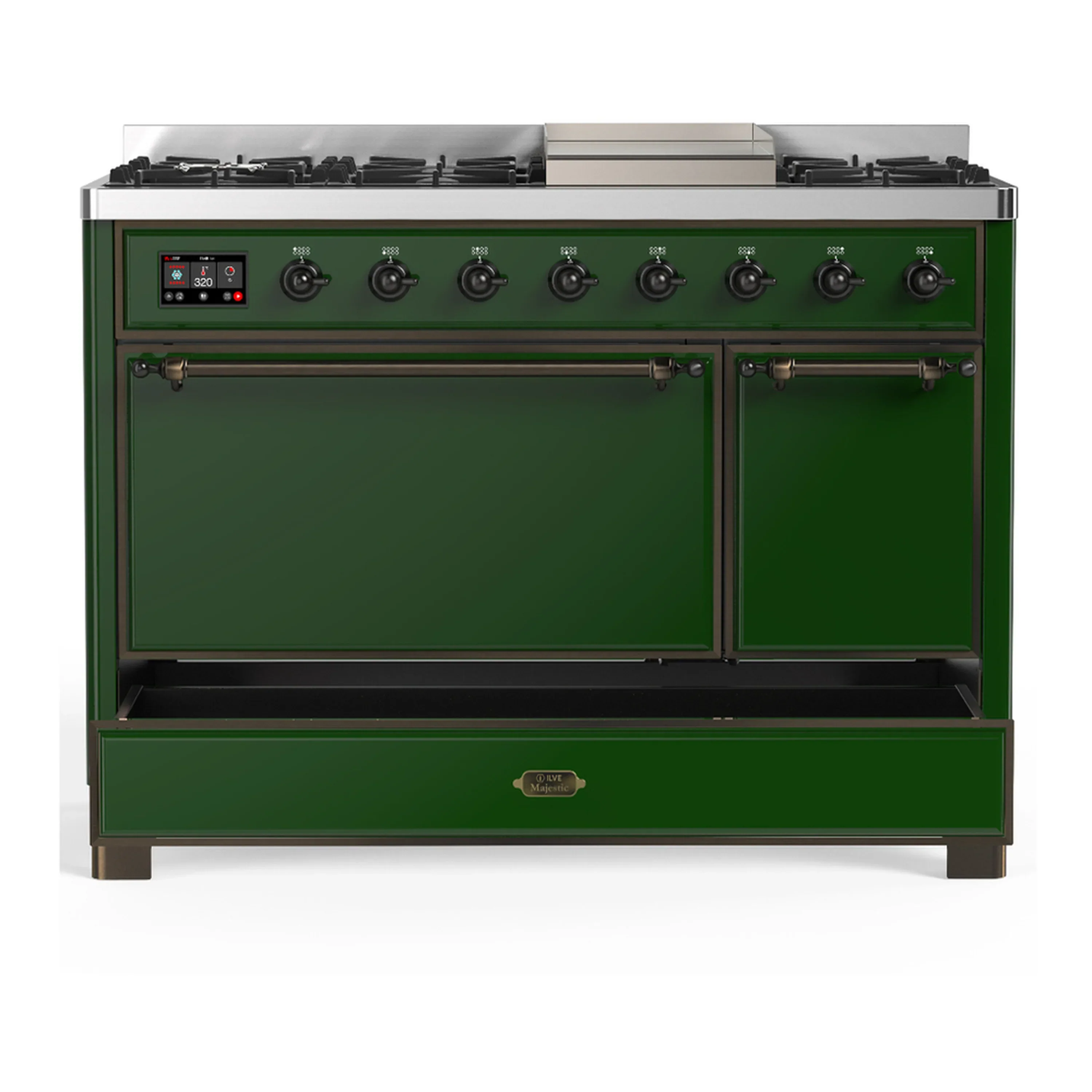 ILVE Majestic III 48-inch Dual Fuel Range with 5 Natural Gas Burner, Griddle and Solid Door Electric Oven in Emerald Green with Burnished Trim (UM48FQNR3EGB) - Image 3