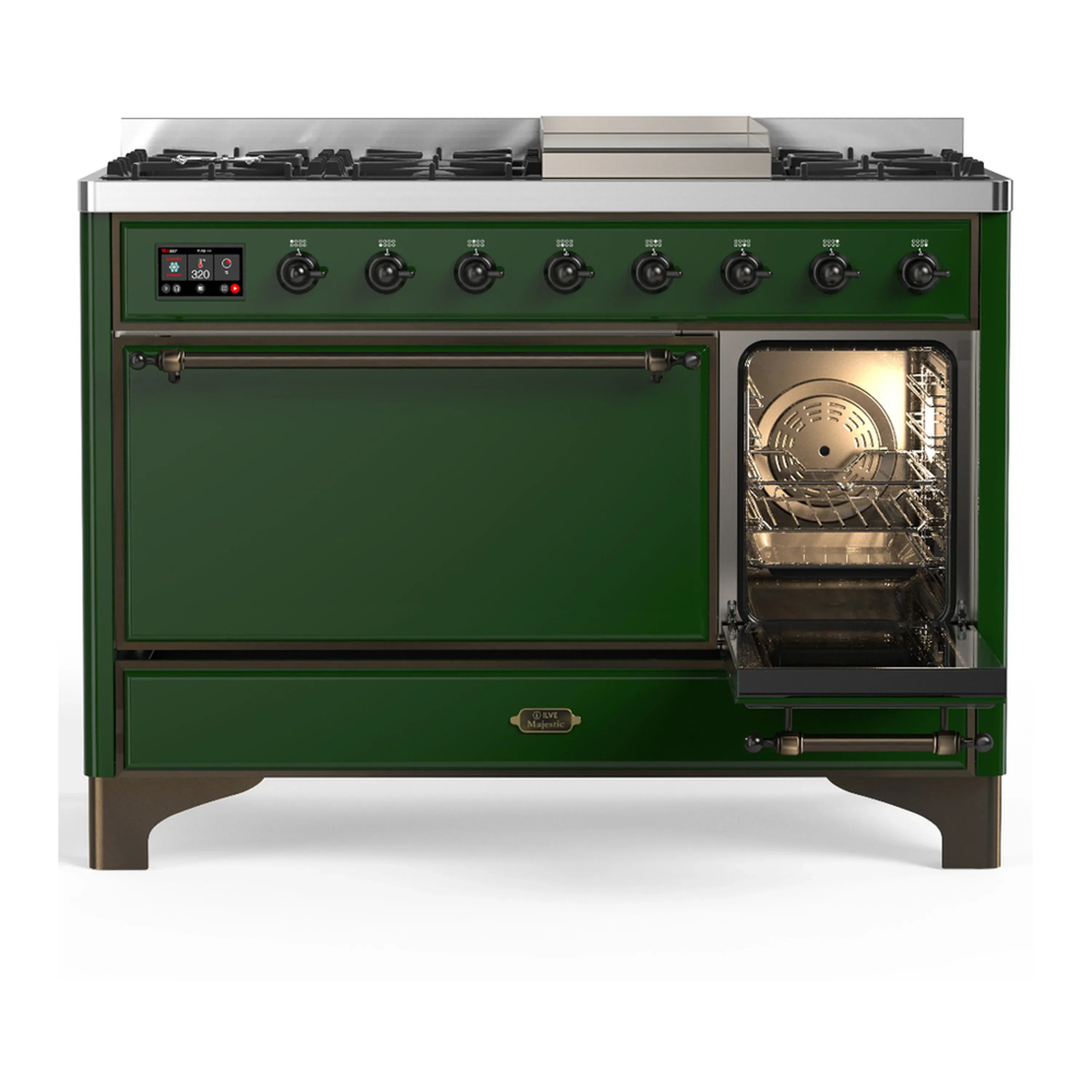 ILVE Majestic III 48-inch Dual Fuel Range with 5 Natural Gas Burner, Griddle and Solid Door Electric Oven in Emerald Green with Burnished Trim (UM48FQNR3EGB) - Image 4