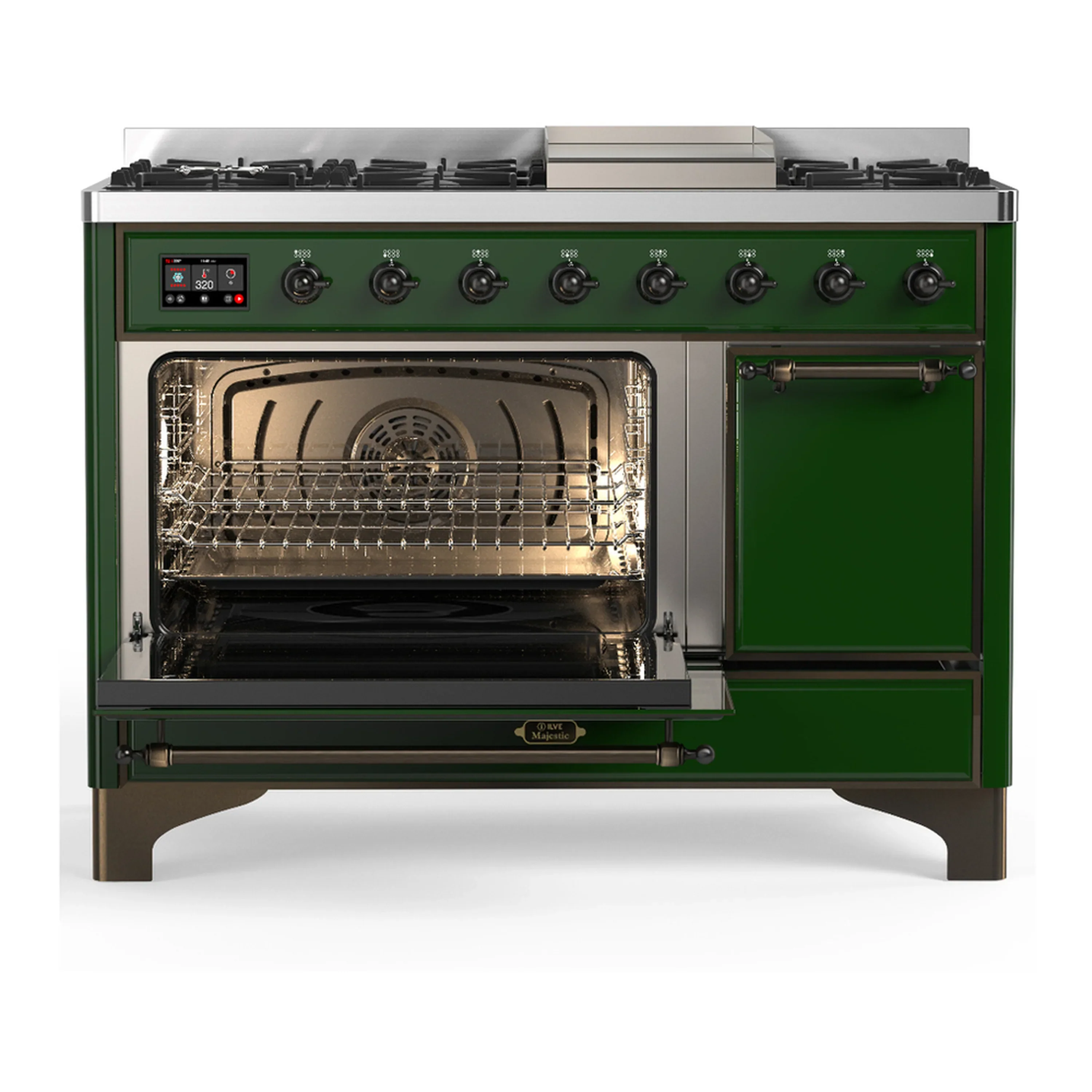 ILVE Majestic III 48-inch Dual Fuel Range with 5 Natural Gas Burner, Griddle and Solid Door Electric Oven in Emerald Green with Burnished Trim (UM48FQNR3EGB) - Image 5