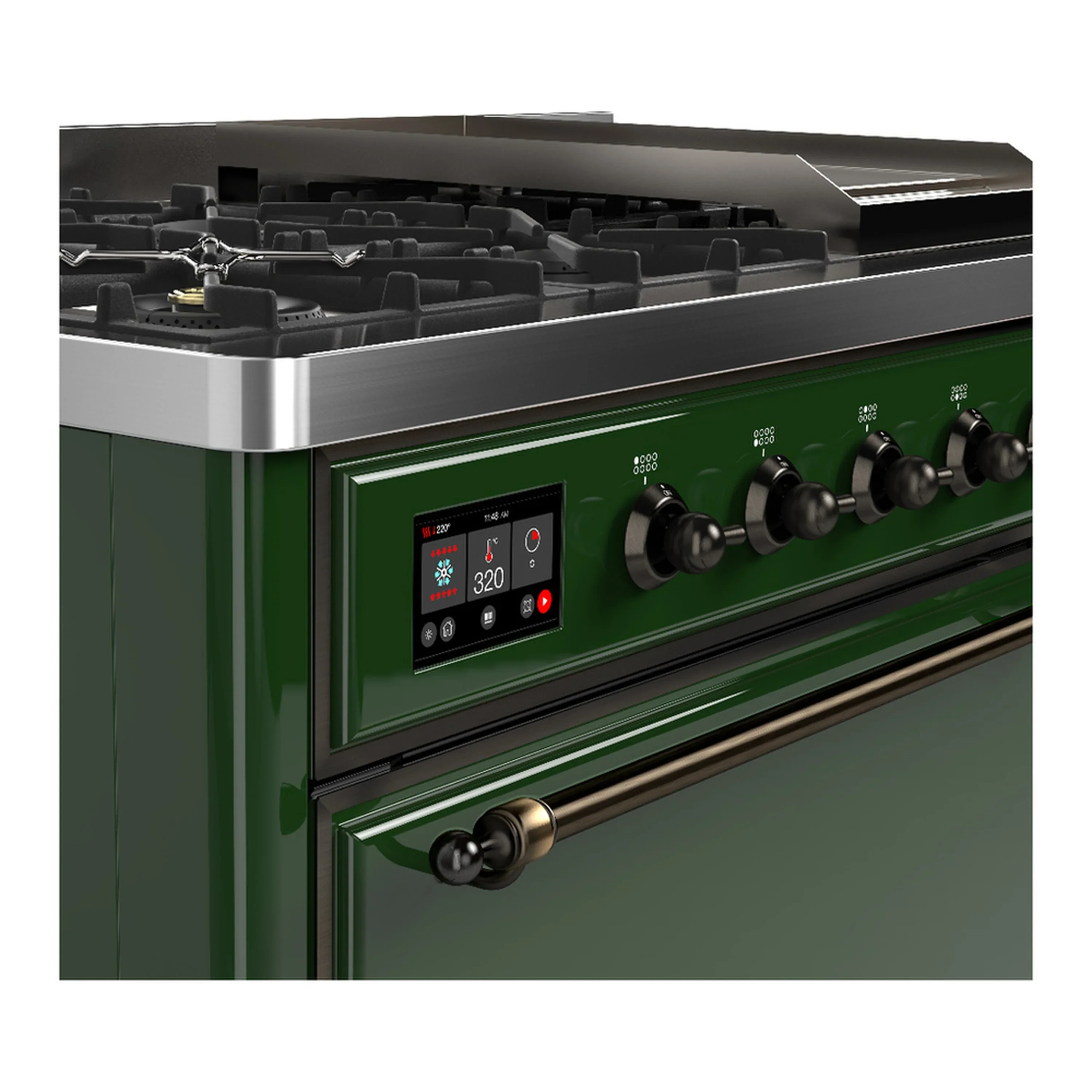 ILVE Majestic III 48-inch Dual Fuel Range with 5 Natural Gas Burner, Griddle and Solid Door Electric Oven in Emerald Green with Burnished Trim (UM48FQNR3EGB) - Image 7