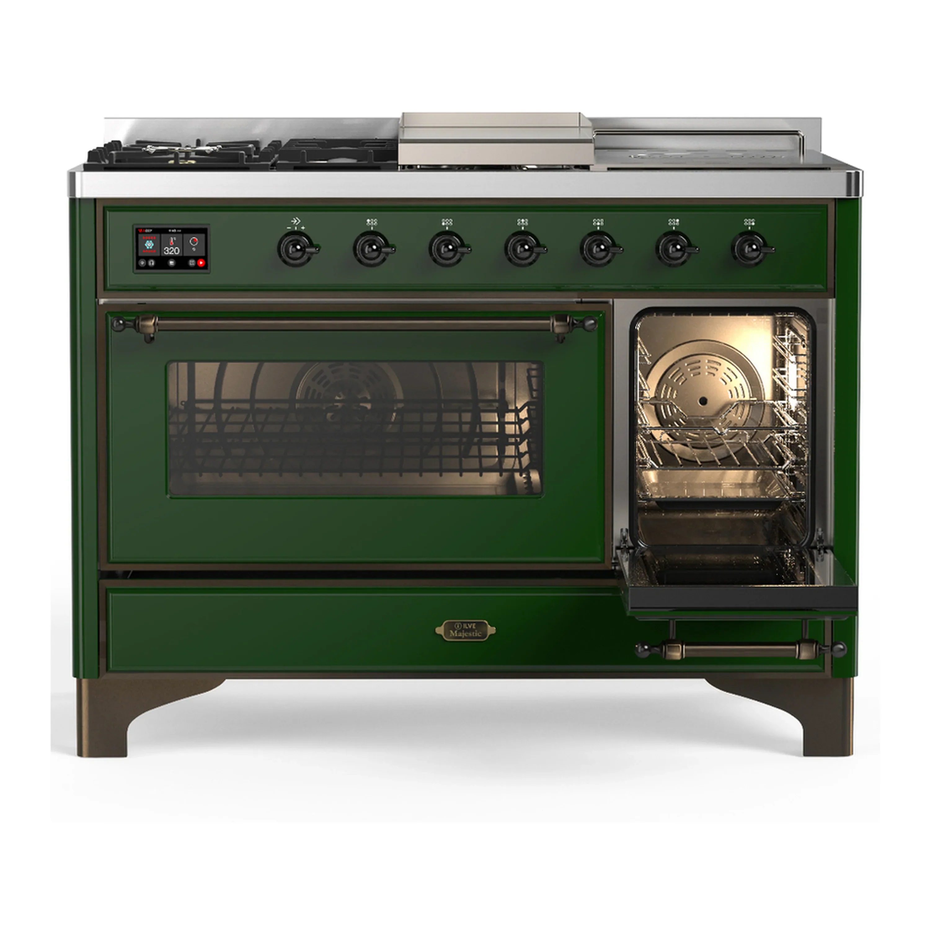 ILVE Majestic III 48-inch Dual Fuel Range with 5 Natural Gas Burner, Griddle, French Top and Triple Glass Door Electric Oven in Emerald Green with Burnished Trim (UM48FSNR3EGB) - Image 4