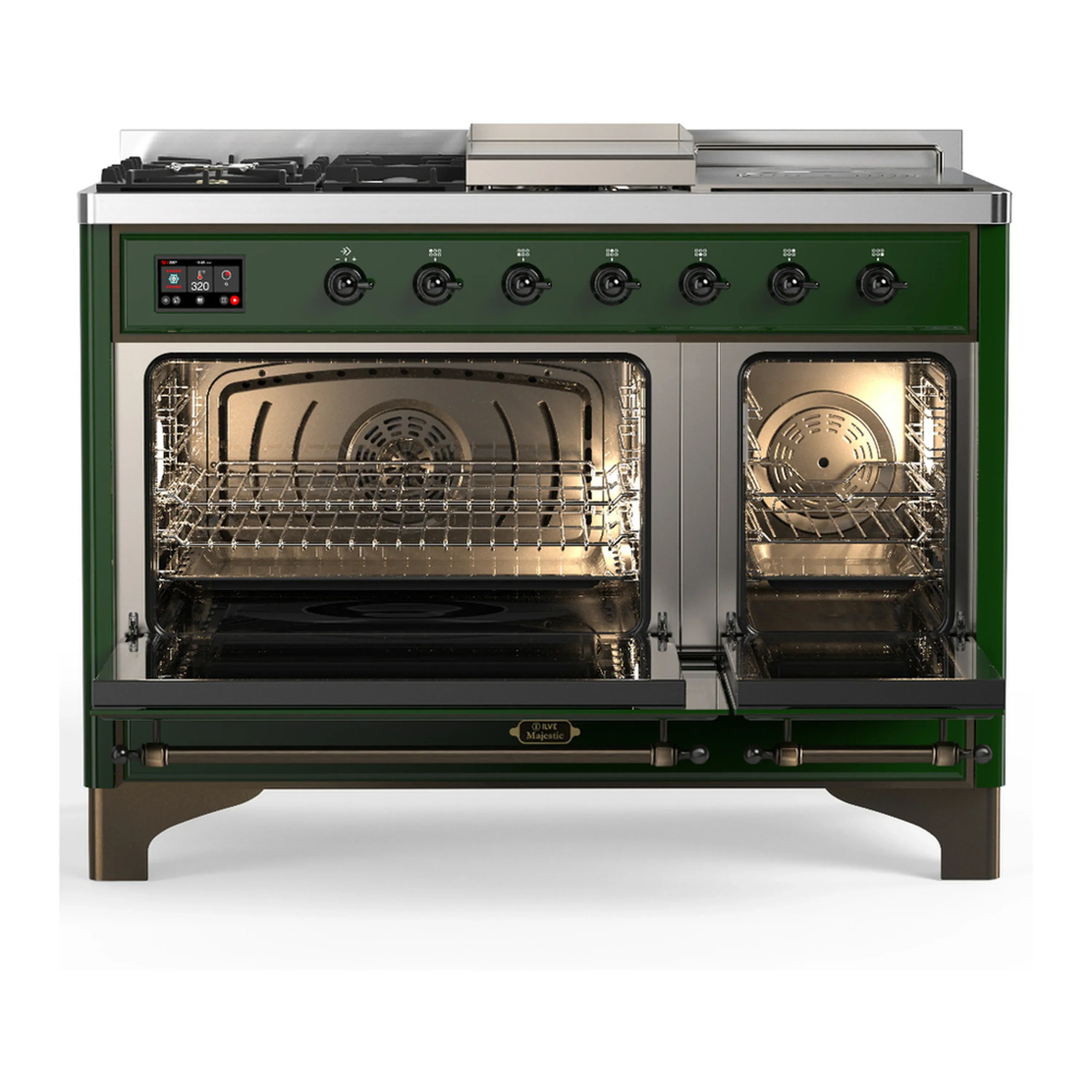 ILVE Majestic III 48-inch Dual Fuel Range with 5 Natural Gas Burner, Griddle, French Top and Triple Glass Door Electric Oven in Emerald Green with Burnished Trim (UM48FSNR3EGB) - Image 6