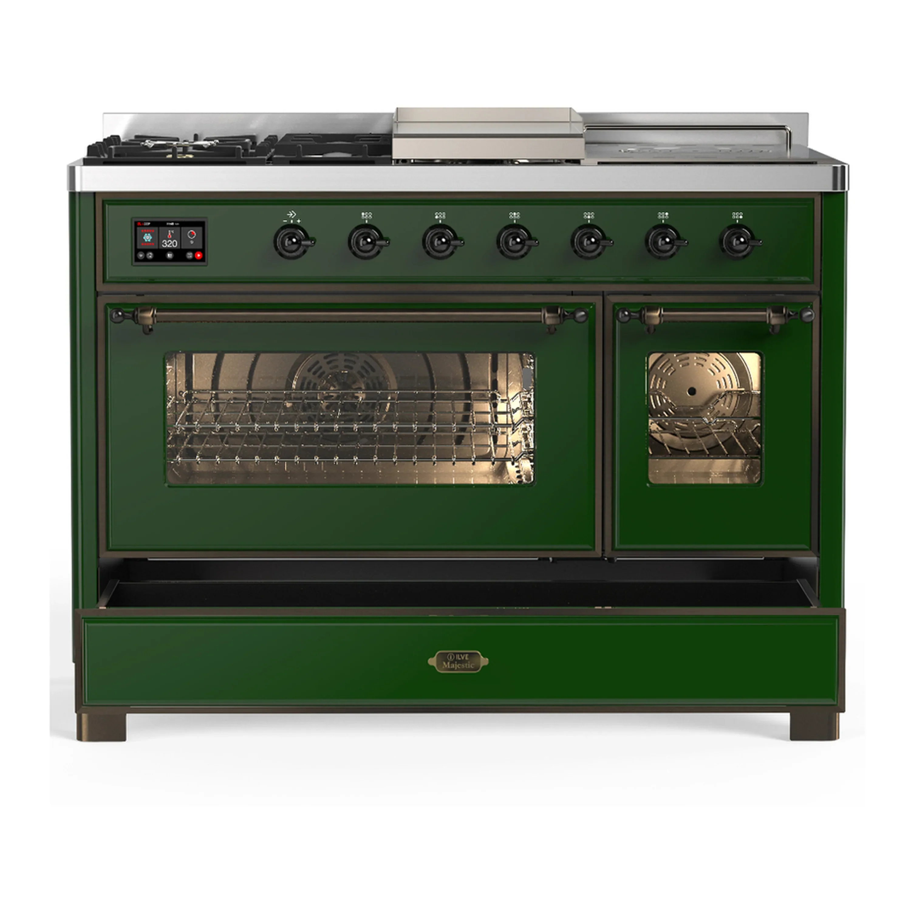 ILVE Majestic III 48-inch Dual Fuel Range with 5 Liquid Propane Burner, Griddle, French Top and Triple Glass Door Electric Oven in Emerald Green with Burnished Trim (UM48FSNR3EGBLP) - Image 3
