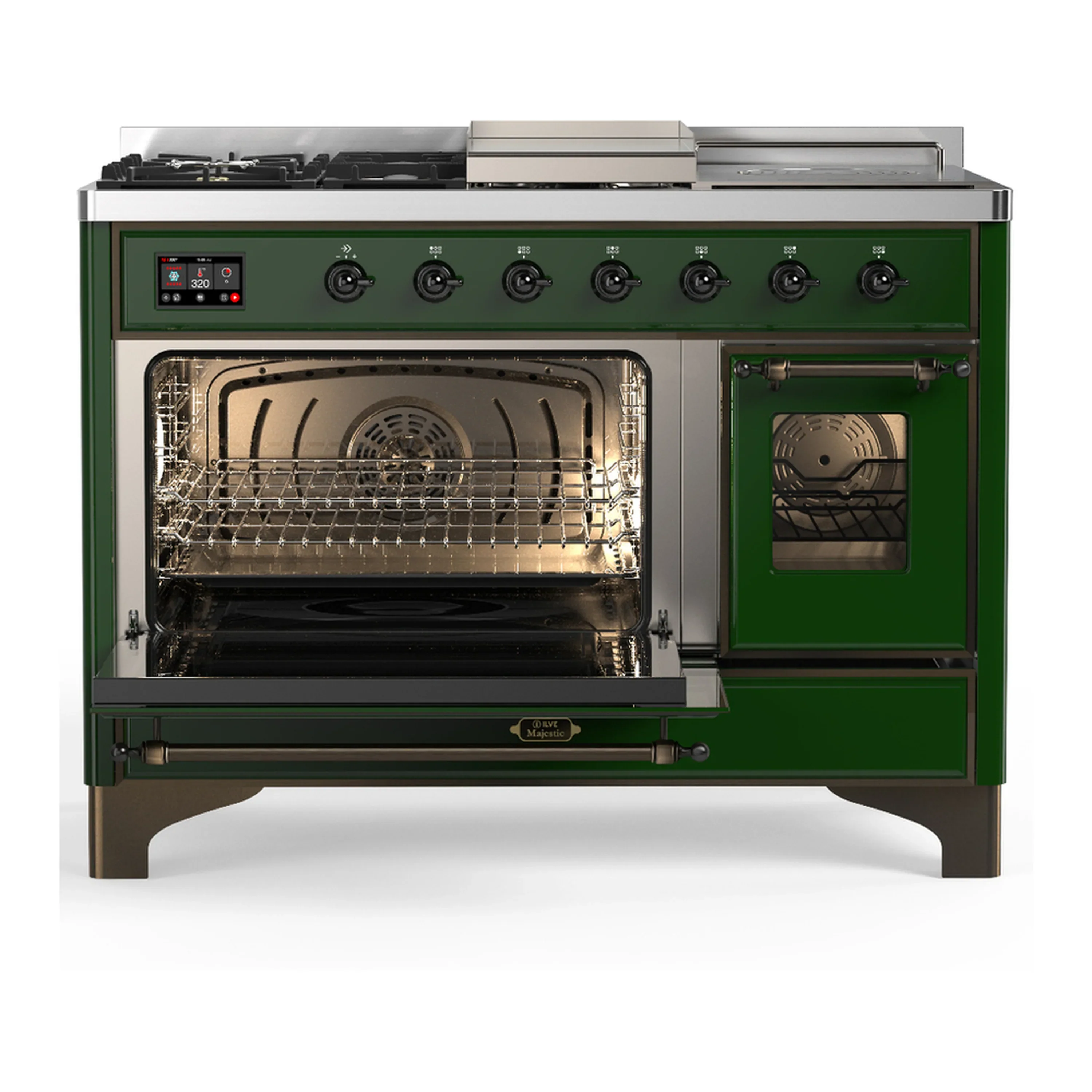 ILVE Majestic III 48-inch Dual Fuel Range with 5 Liquid Propane Burner, Griddle, French Top and Triple Glass Door Electric Oven in Emerald Green with Burnished Trim (UM48FSNR3EGBLP) - Image 5