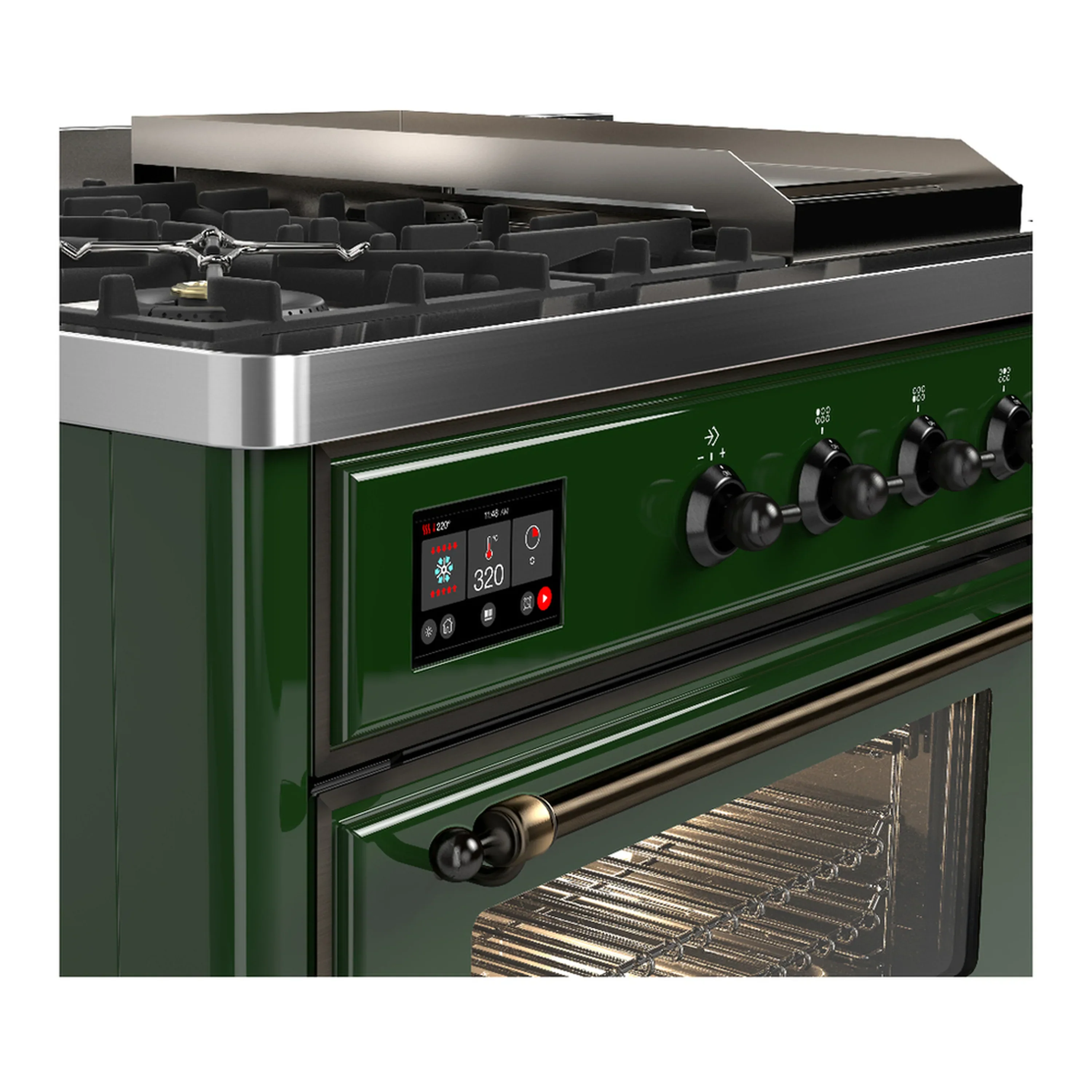 ILVE Majestic III 48-inch Dual Fuel Range with 5 Liquid Propane Burner, Griddle, French Top and Triple Glass Door Electric Oven in Emerald Green with Burnished Trim (UM48FSNR3EGBLP) - Image 7