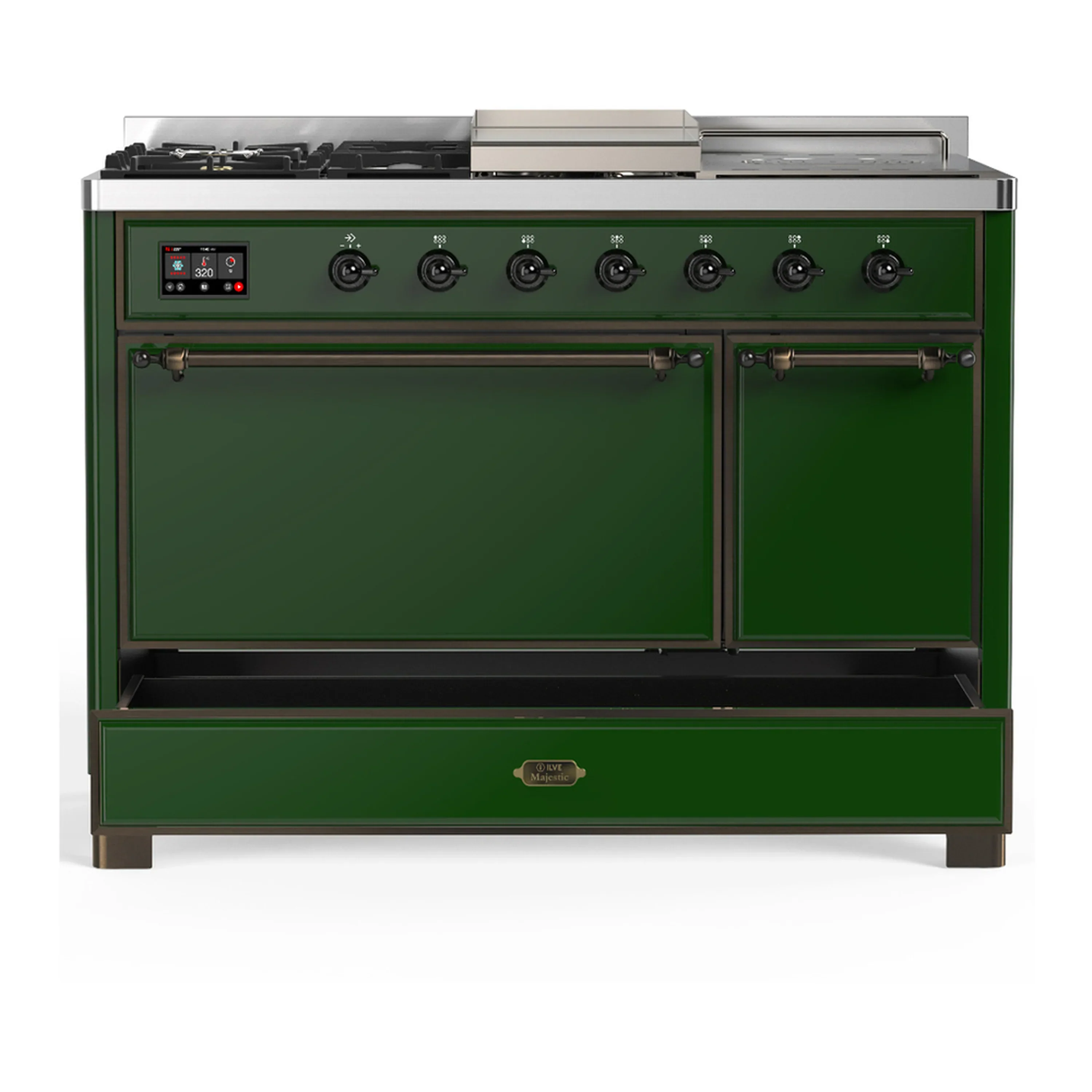 ILVE Majestic III 48-inch Dual Fuel Range with 5 Liquid Propane Burner, Griddle, French Top and Solid Door Electric Oven in Emerald Green with Burnished Trim (UM48FSQNR3EGBLP) - Image 3