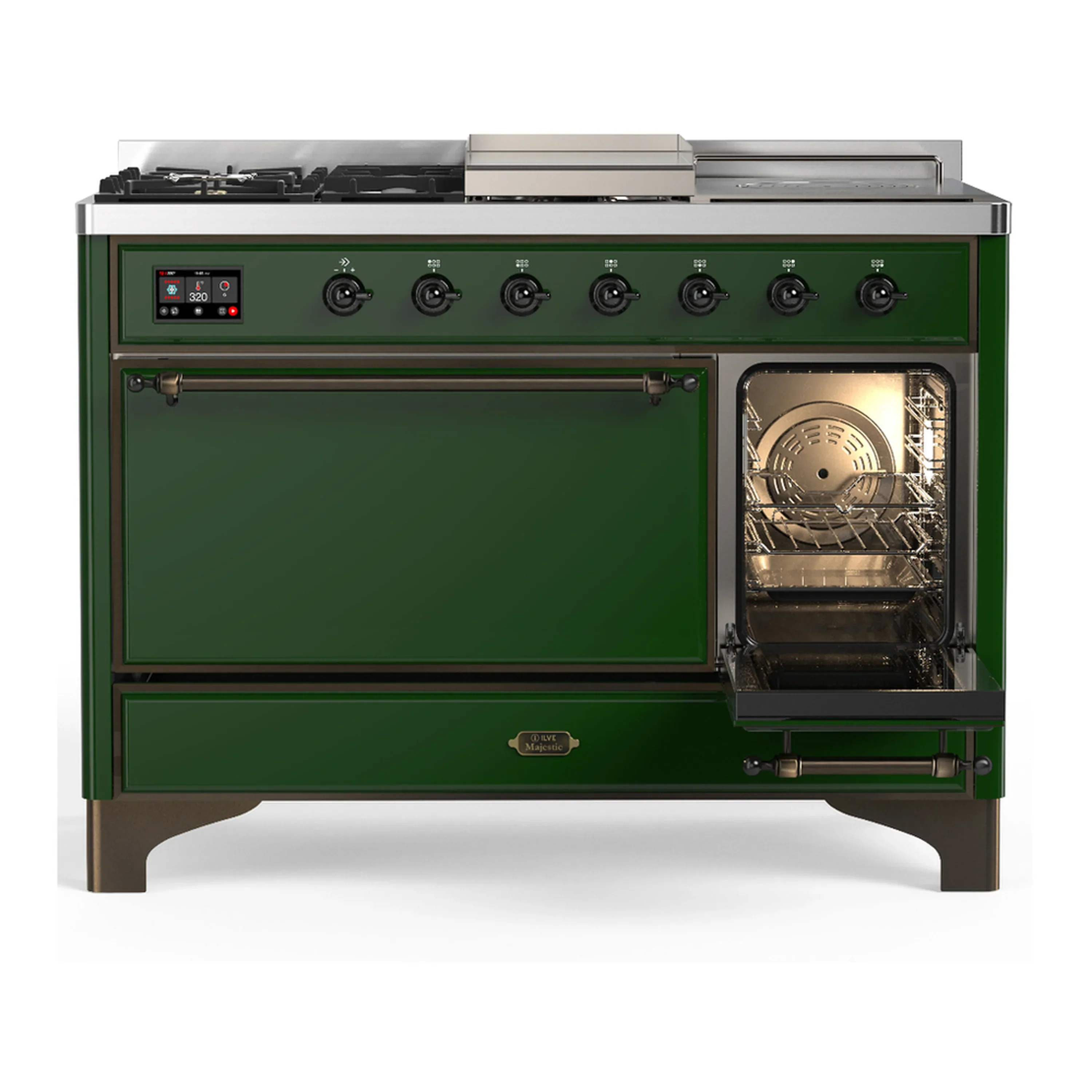 ILVE Majestic III 48-inch Dual Fuel Range with 5 Liquid Propane Burner, Griddle, French Top and Solid Door Electric Oven in Emerald Green with Burnished Trim (UM48FSQNR3EGBLP) - Image 4