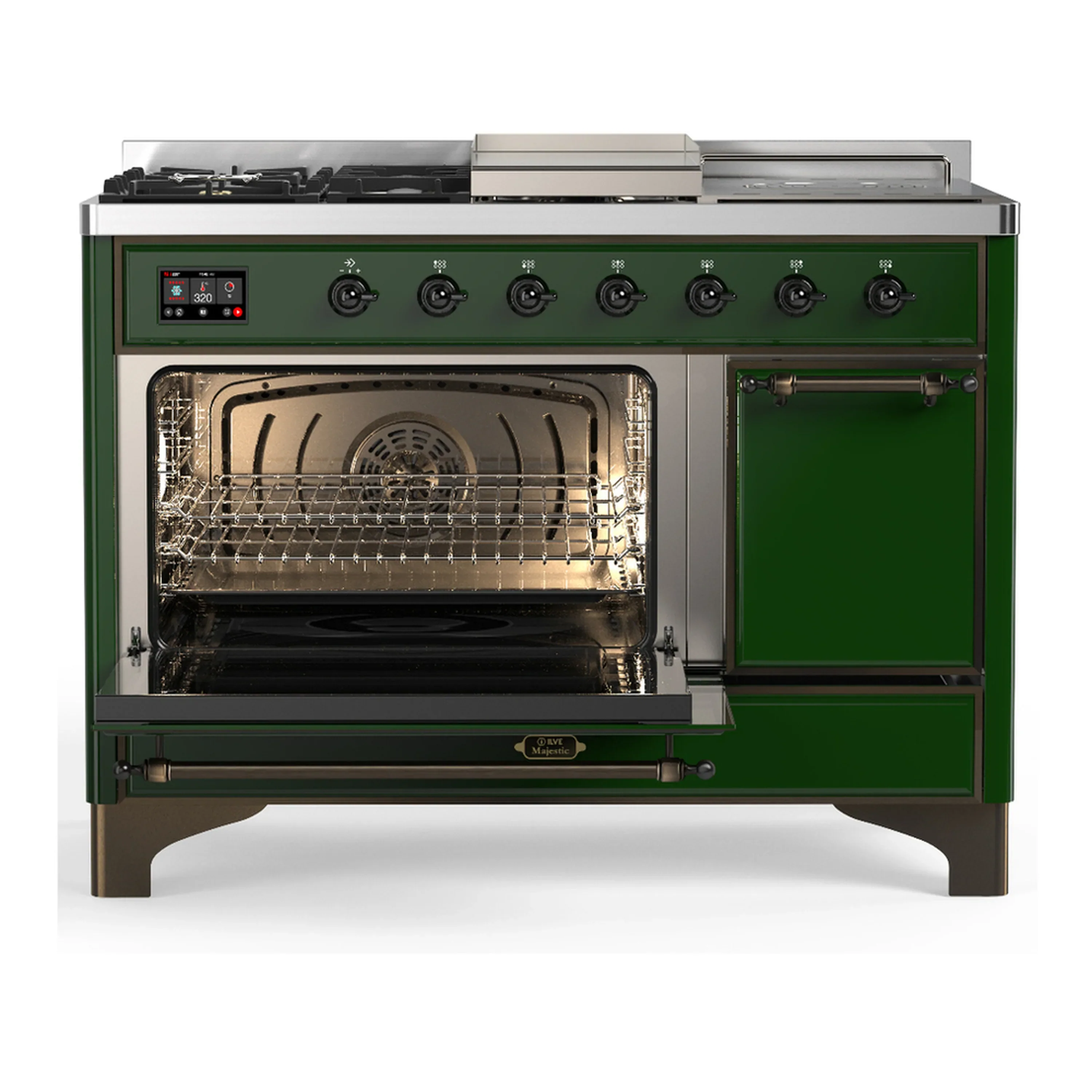 ILVE Majestic III 48-inch Dual Fuel Range with 5 Liquid Propane Burner, Griddle, French Top and Solid Door Electric Oven in Emerald Green with Burnished Trim (UM48FSQNR3EGBLP) - Image 5