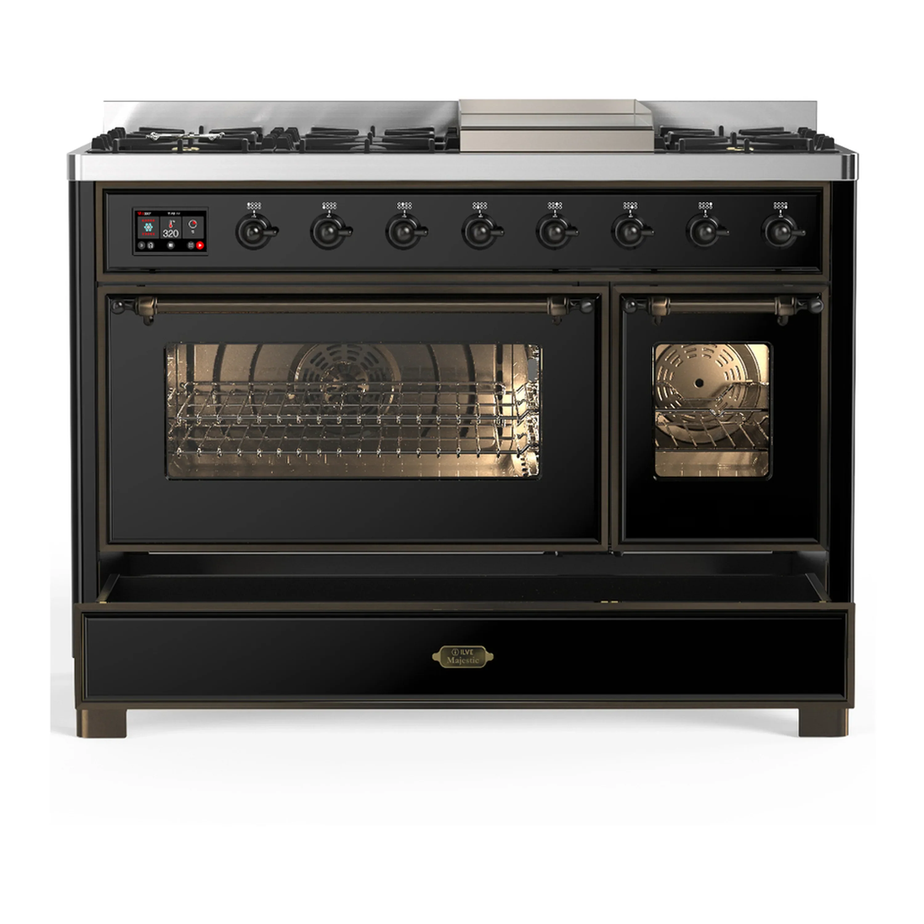 ILVE Majestic III 48-inch Dual Fuel Range with 5 Liquid Propane Burner, Griddle and Triple Glass Door Electric Oven in Glossy Black with Burnished Trim (UM48FNR3BKBLP) - Image 3