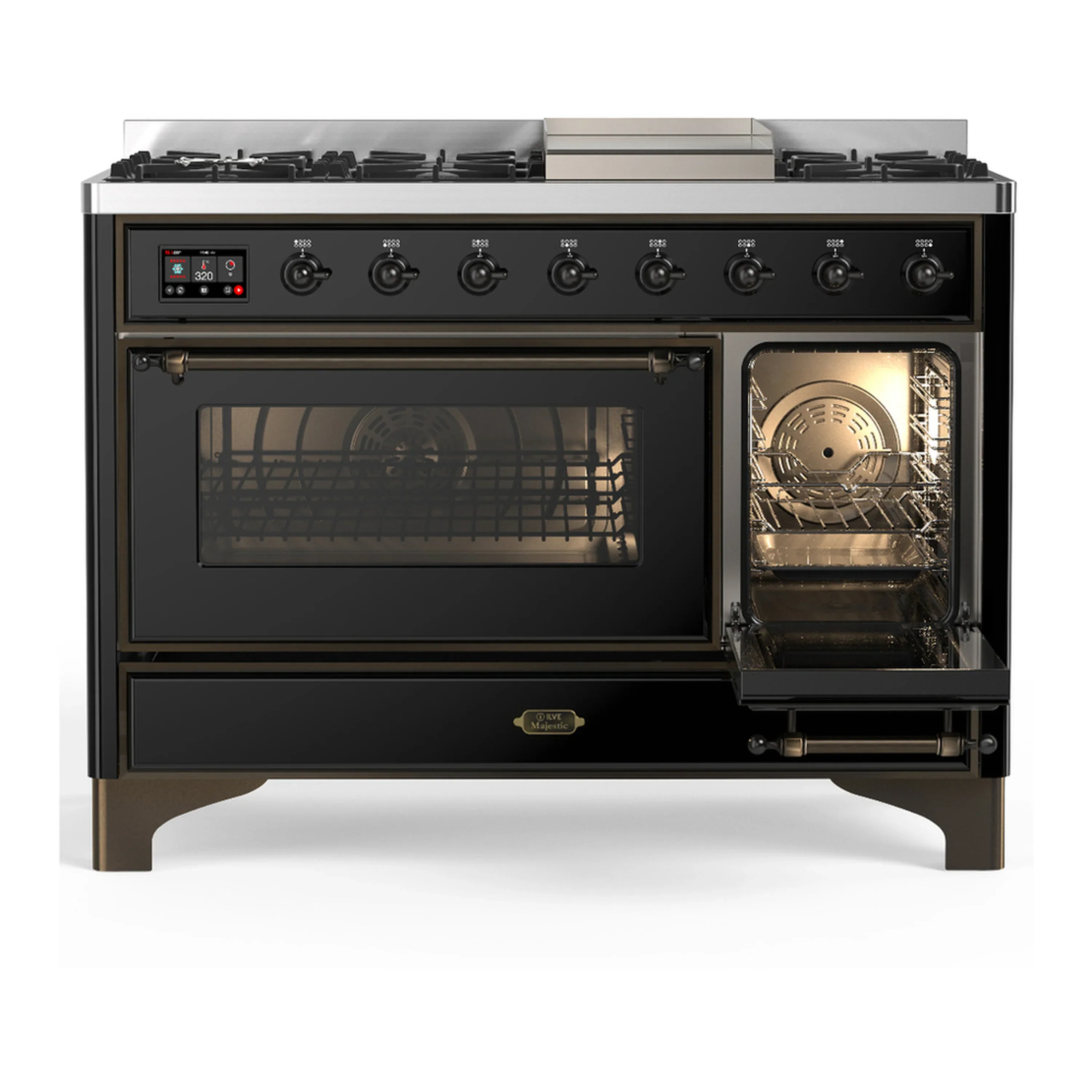 ILVE Majestic III 48-inch Dual Fuel Range with 5 Liquid Propane Burner, Griddle and Triple Glass Door Electric Oven in Glossy Black with Burnished Trim (UM48FNR3BKBLP) - Image 4