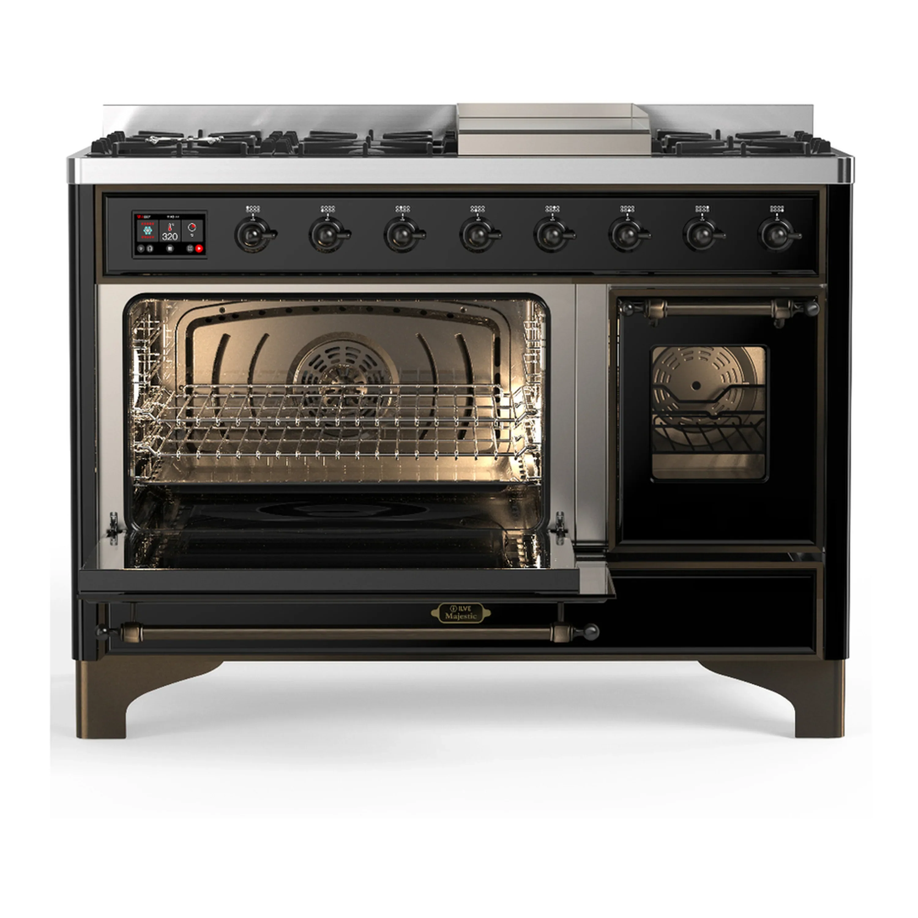 ILVE Majestic III 48-inch Dual Fuel Range with 5 Liquid Propane Burner, Griddle and Triple Glass Door Electric Oven in Glossy Black with Burnished Trim (UM48FNR3BKBLP) - Image 5