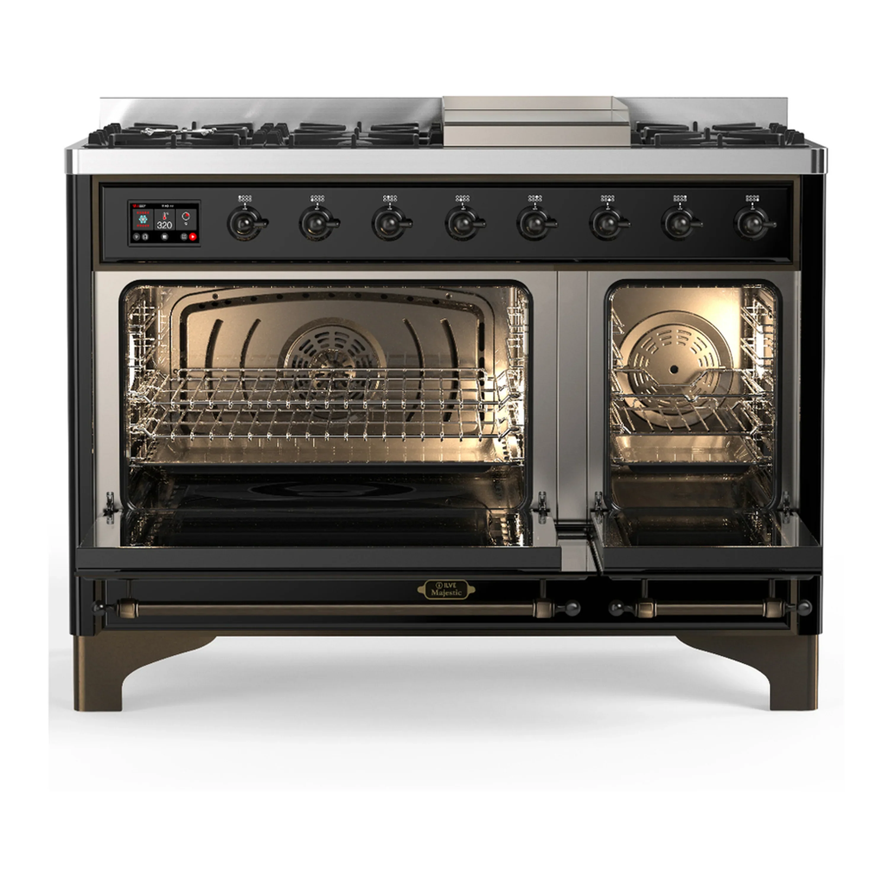 ILVE Majestic III 48-inch Dual Fuel Range with 5 Liquid Propane Burner, Griddle and Triple Glass Door Electric Oven in Glossy Black with Burnished Trim (UM48FNR3BKBLP) - Image 6
