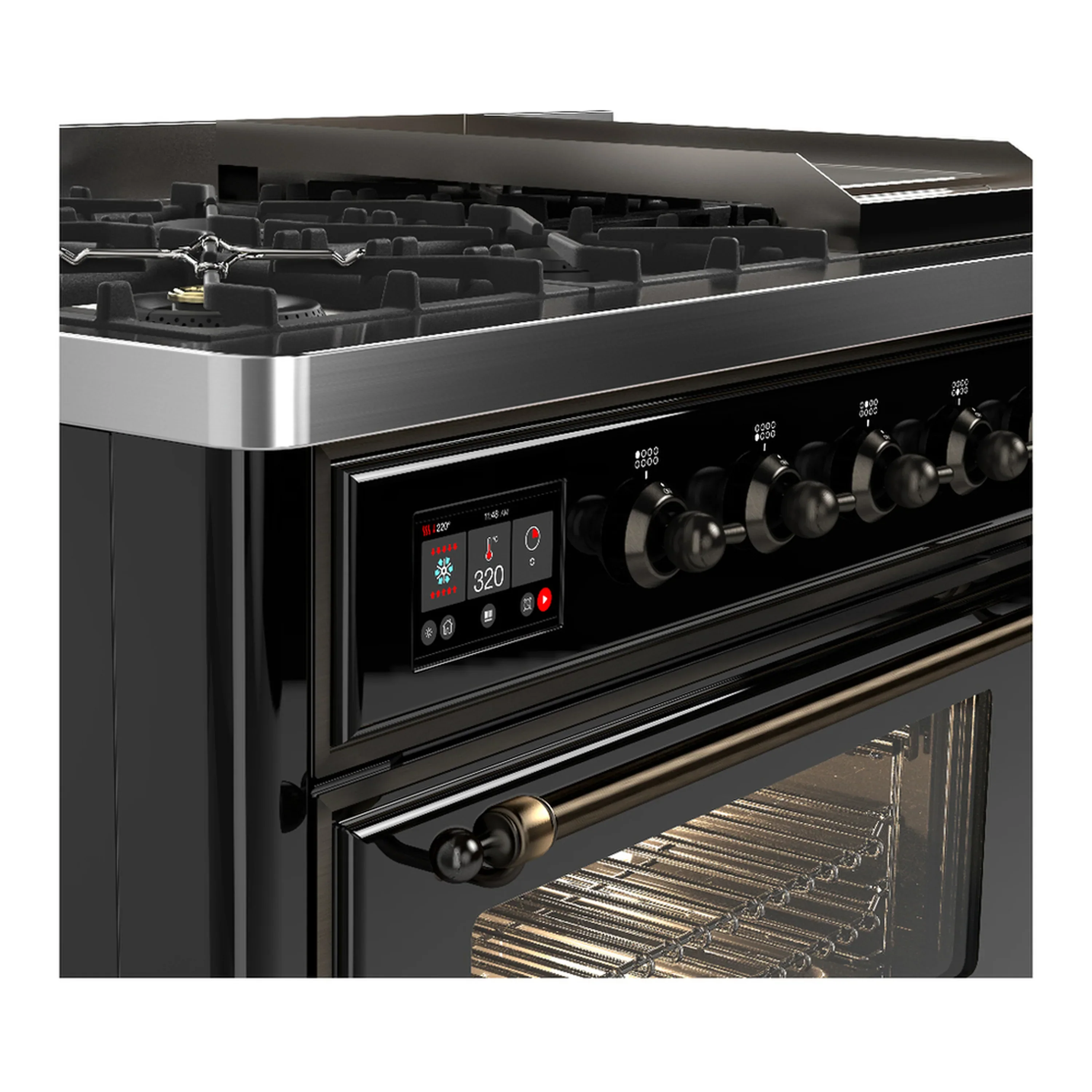 ILVE Majestic III 48-inch Dual Fuel Range with 5 Liquid Propane Burner, Griddle and Triple Glass Door Electric Oven in Glossy Black with Burnished Trim (UM48FNR3BKBLP) - Image 7