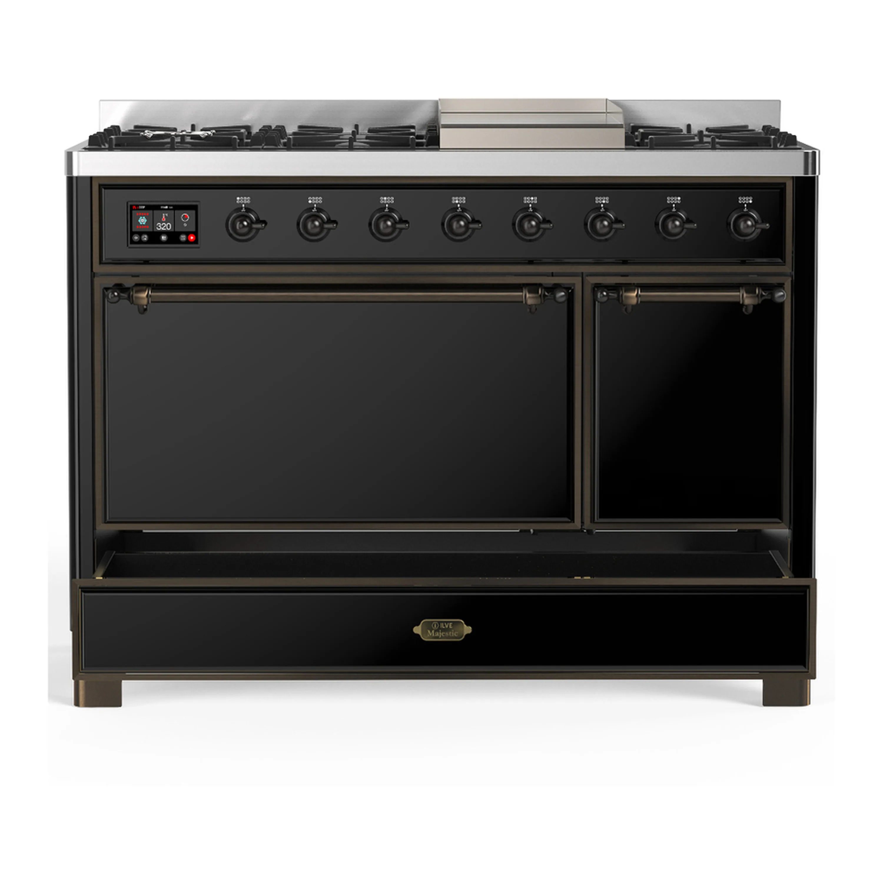 ILVE Majestic III 48-inch Dual Fuel Range with 5 Natural Gas Burner, Griddle and Solid Door Electric Oven in Glossy Black with Burnished Trim (UM48FQNR3BKB) - Image 3