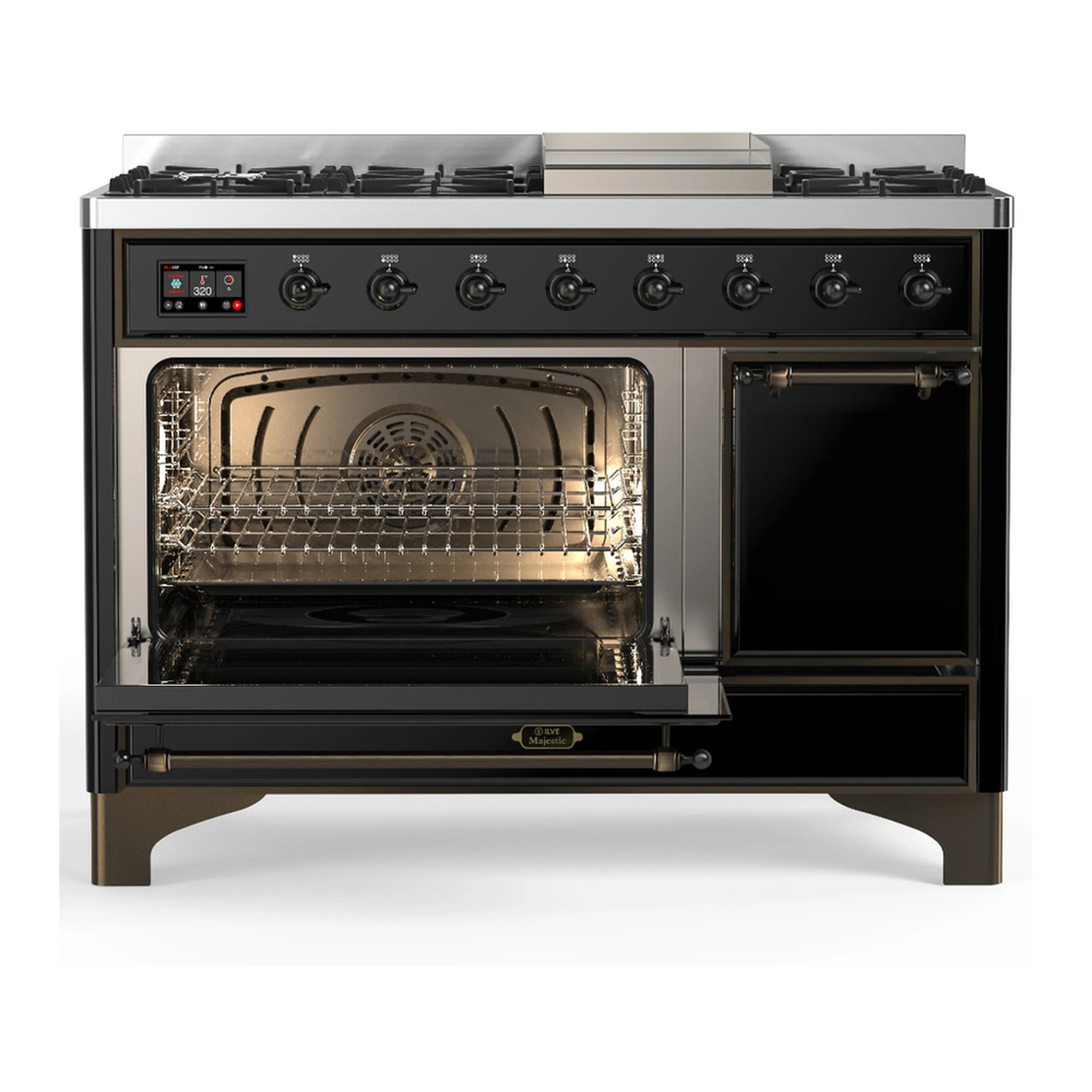 ILVE Majestic III 48-inch Dual Fuel Range with 5 Natural Gas Burner, Griddle and Solid Door Electric Oven in Glossy Black with Burnished Trim (UM48FQNR3BKB) - Image 5