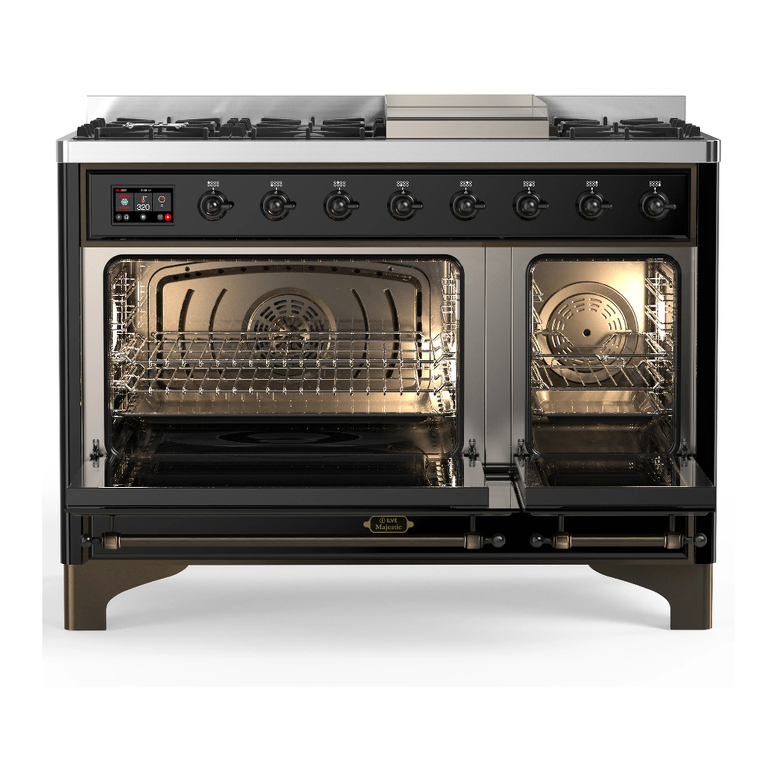 ILVE Majestic III 48-inch Dual Fuel Range with 5 Natural Gas Burner, Griddle and Solid Door Electric Oven in Glossy Black with Burnished Trim (UM48FQNR3BKB) - Image 6