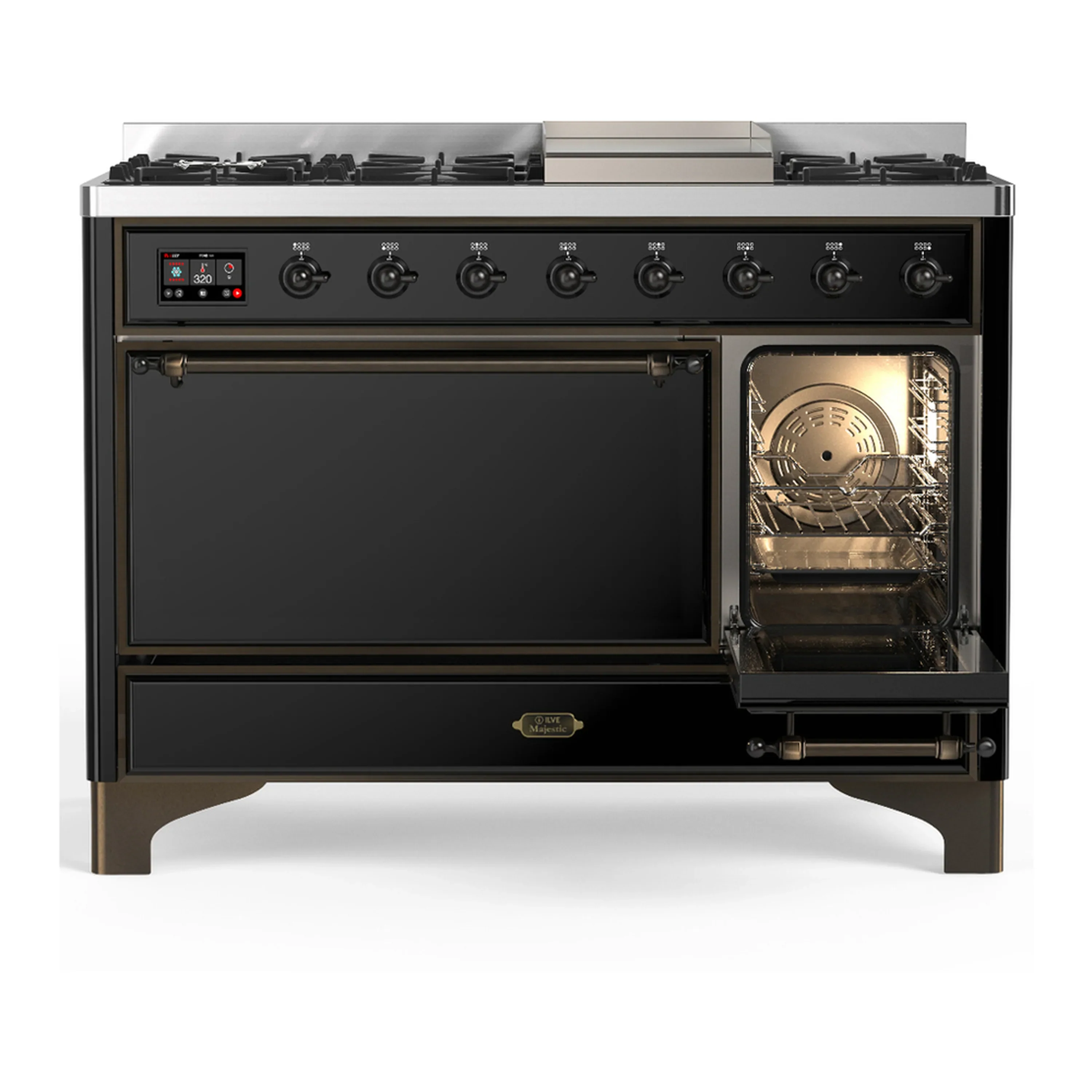 ILVE Majestic III 48-inch Dual Fuel Range with 5 Liquid Propane Burner, Griddle and Solid Door Electric Oven in Glossy Black with Burnished Trim (UM48FQNR3BKBLP) - Image 4