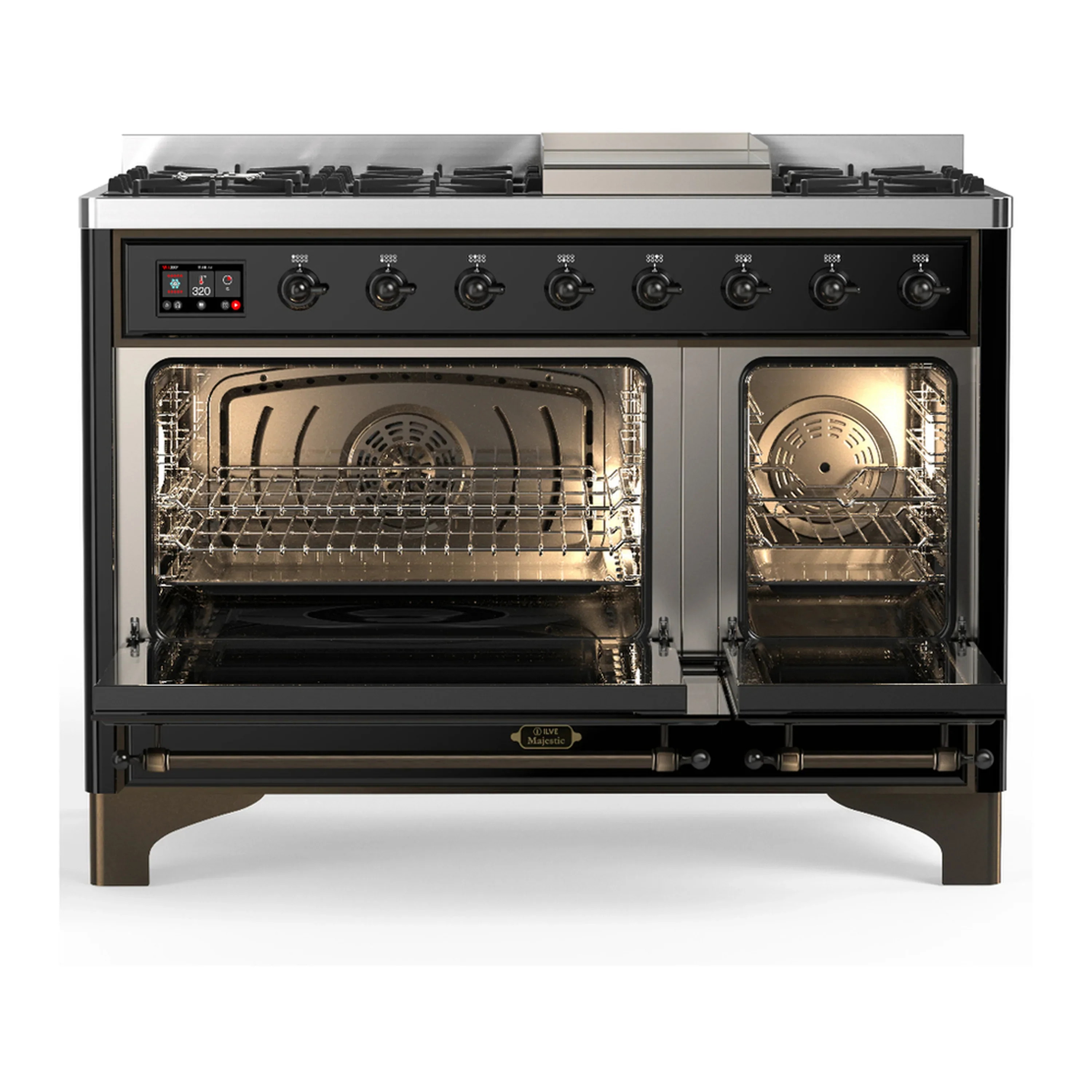 ILVE Majestic III 48-inch Dual Fuel Range with 5 Liquid Propane Burner, Griddle and Solid Door Electric Oven in Glossy Black with Burnished Trim (UM48FQNR3BKBLP) - Image 6