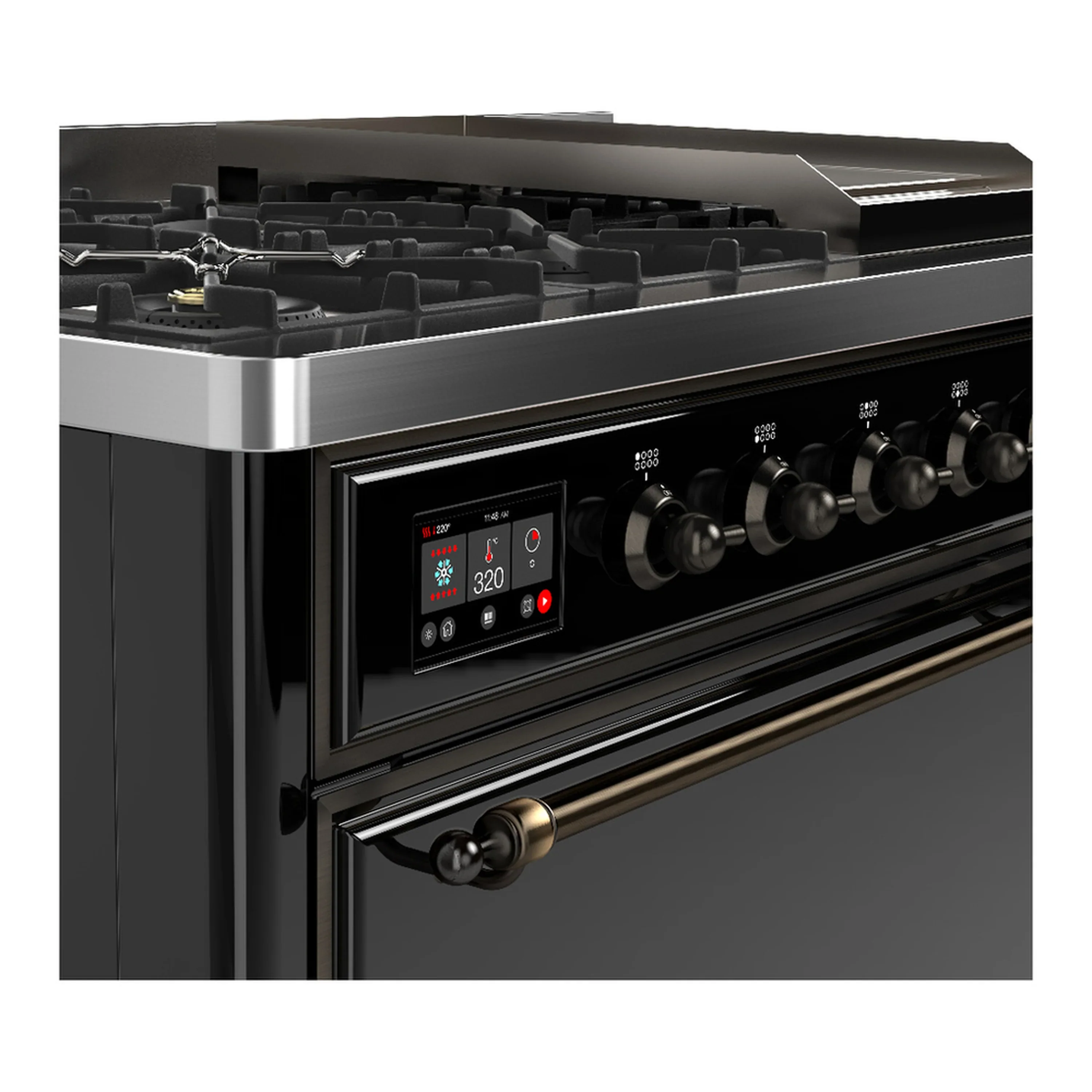 ILVE Majestic III 48-inch Dual Fuel Range with 5 Liquid Propane Burner, Griddle and Solid Door Electric Oven in Glossy Black with Burnished Trim (UM48FQNR3BKBLP) - Image 7