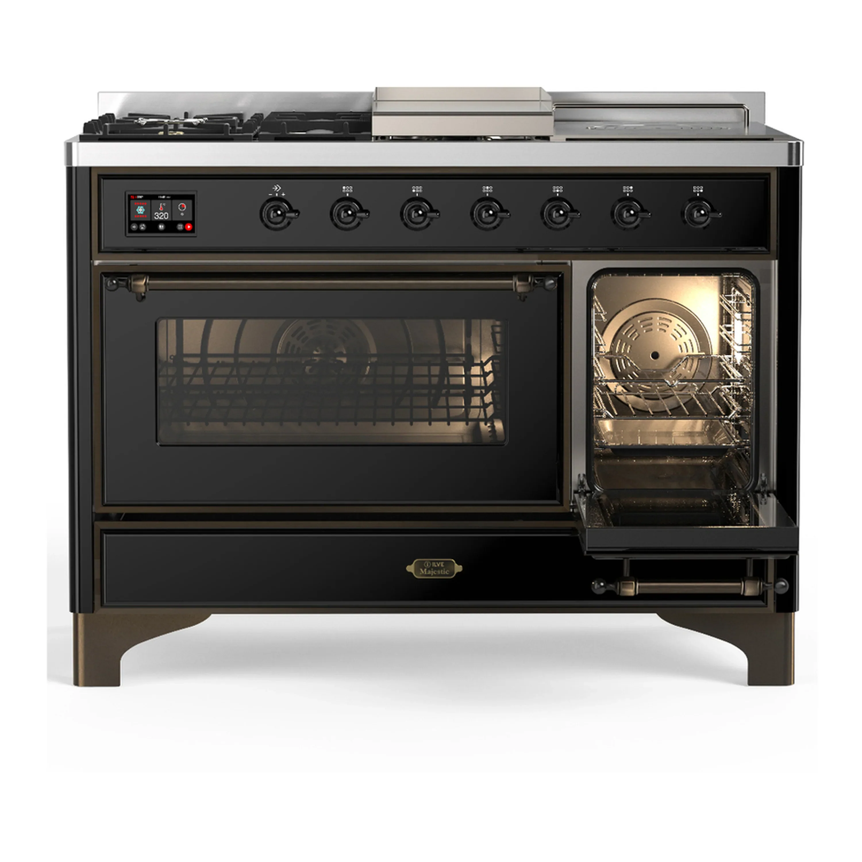 ILVE Majestic III 48-inch Dual Fuel Range with 5 Natural Gas Burner, Griddle, French Top and Triple Glass Door Electric Oven in Glossy Black with Burnished Trim (UM48FSNR3BKB) - Image 4