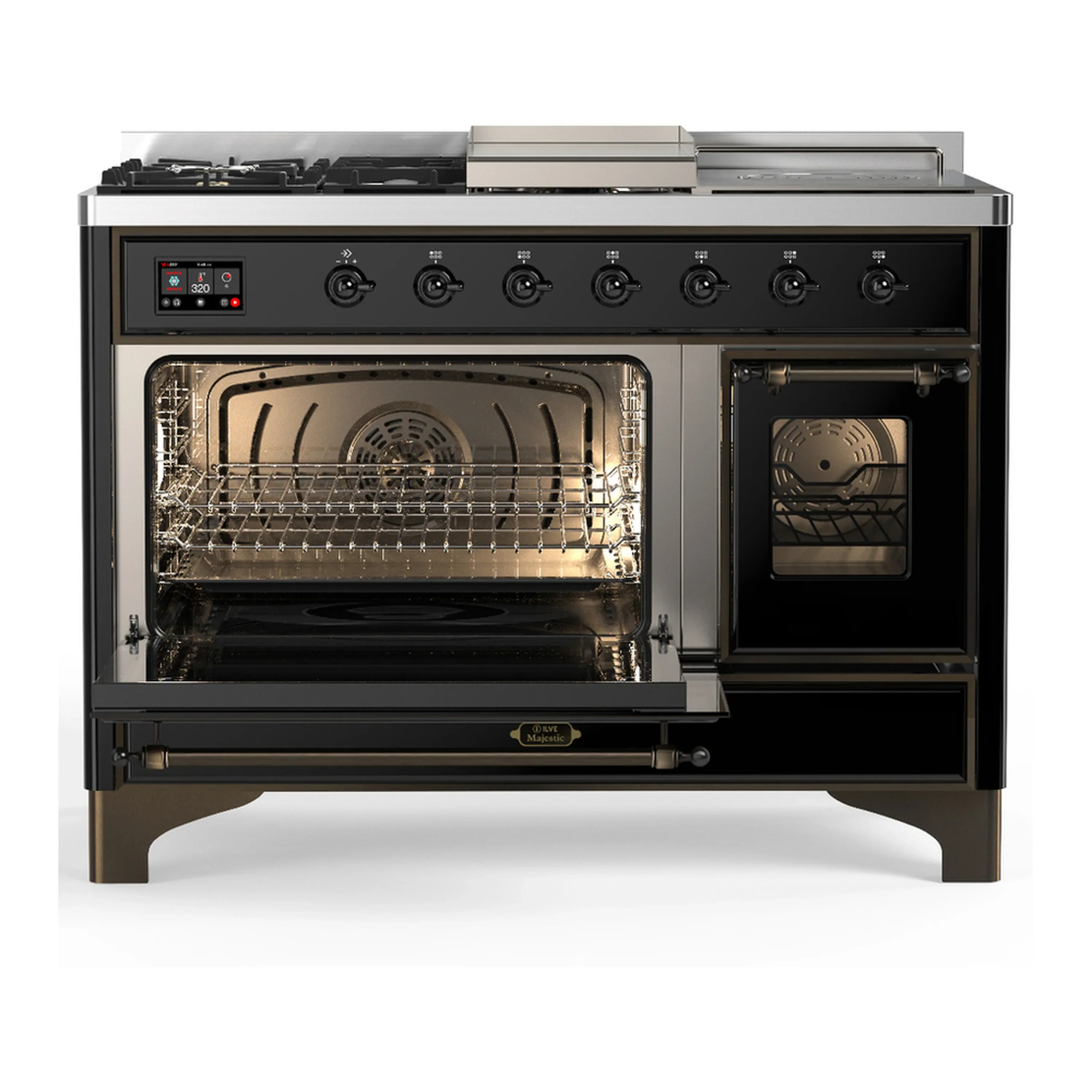 ILVE Majestic III 48-inch Dual Fuel Range with 5 Natural Gas Burner, Griddle, French Top and Triple Glass Door Electric Oven in Glossy Black with Burnished Trim (UM48FSNR3BKB) - Image 5