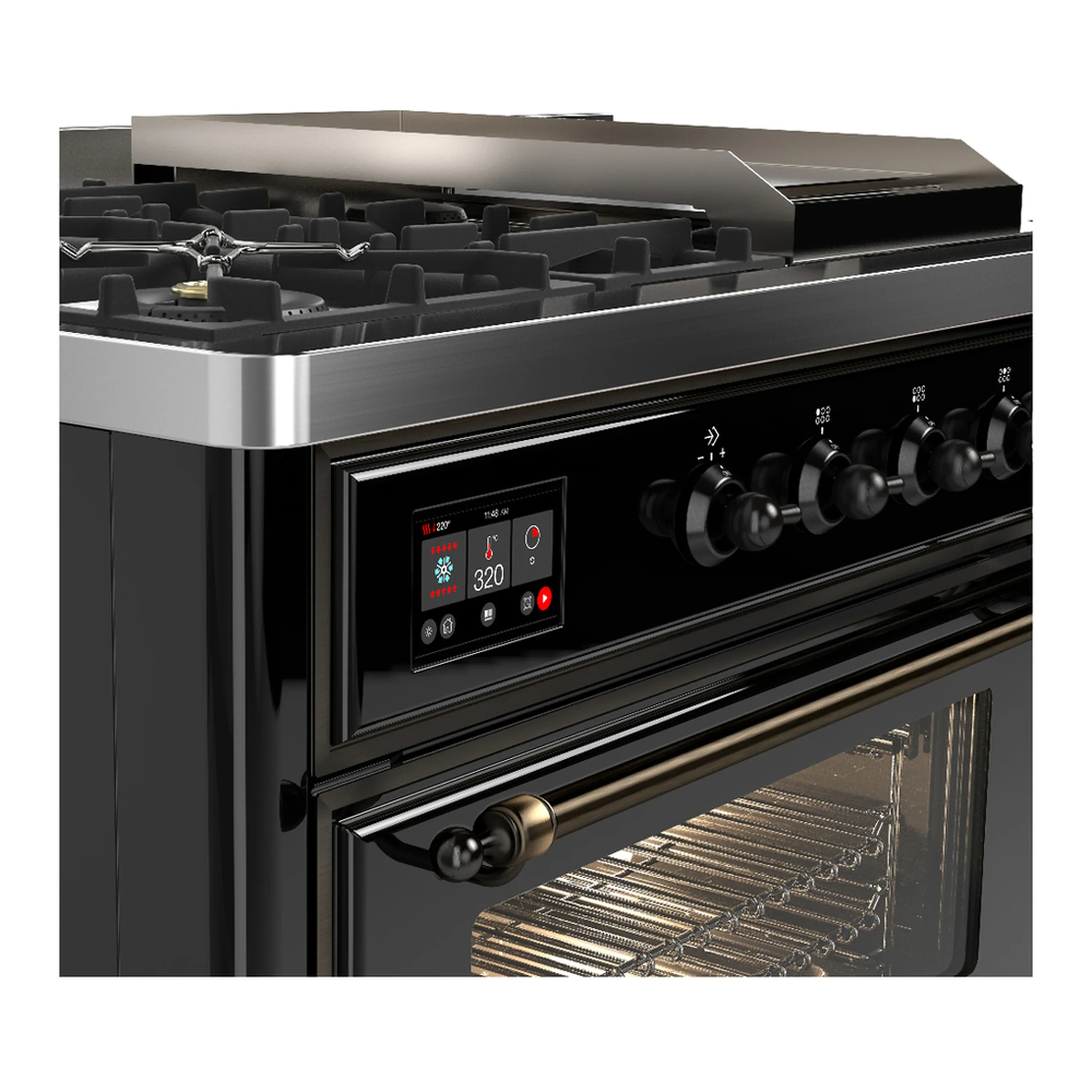 ILVE Majestic III 48-inch Dual Fuel Range with 5 Natural Gas Burner, Griddle, French Top and Triple Glass Door Electric Oven in Glossy Black with Burnished Trim (UM48FSNR3BKB) - Image 7