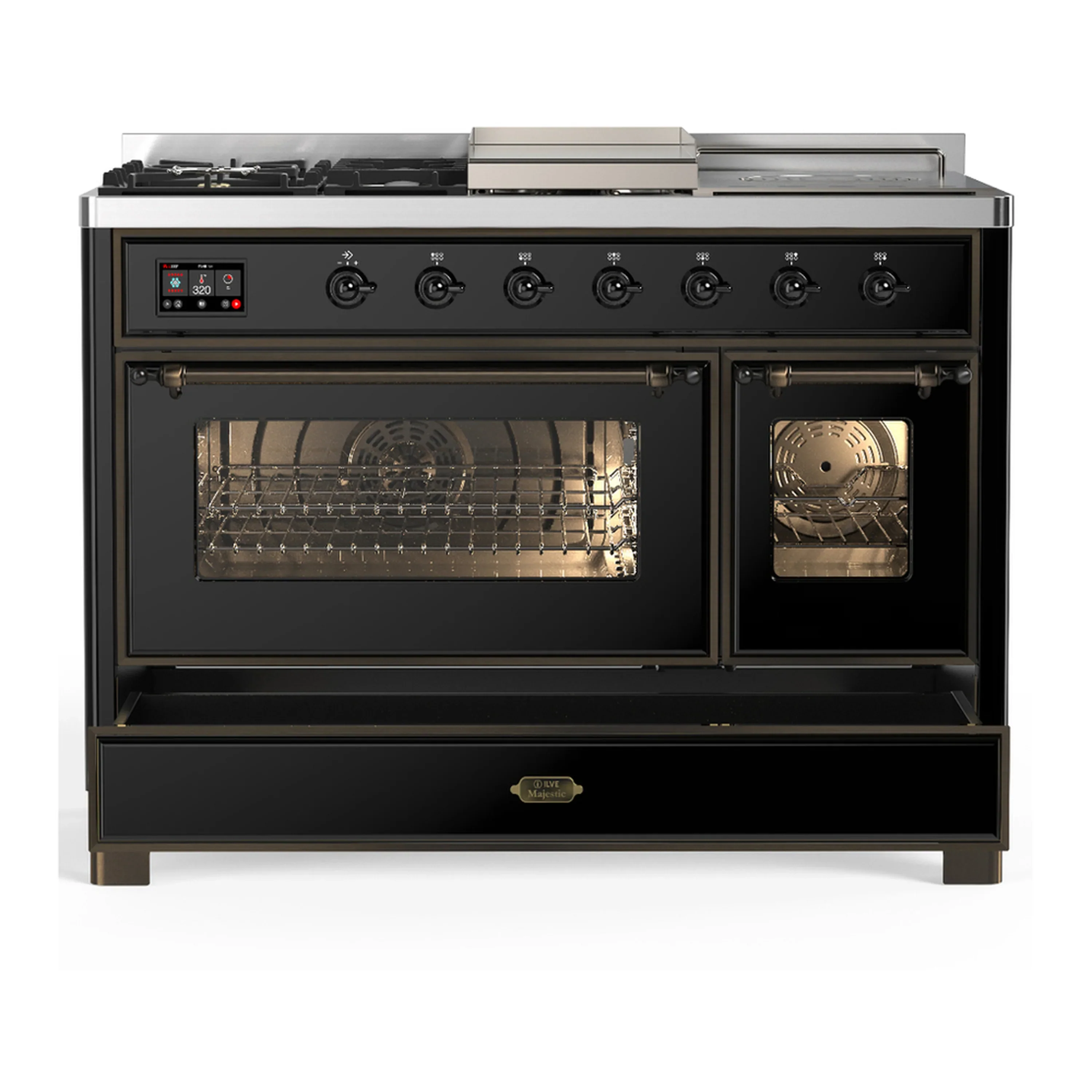 ILVE Majestic III 48-inch Dual Fuel Range with 5 Liquid Propane Burner, Griddle, French Top and Triple Glass Door Electric Oven in Glossy Black with Burnished Trim (UM48FSNR3BKBLP) - Image 3