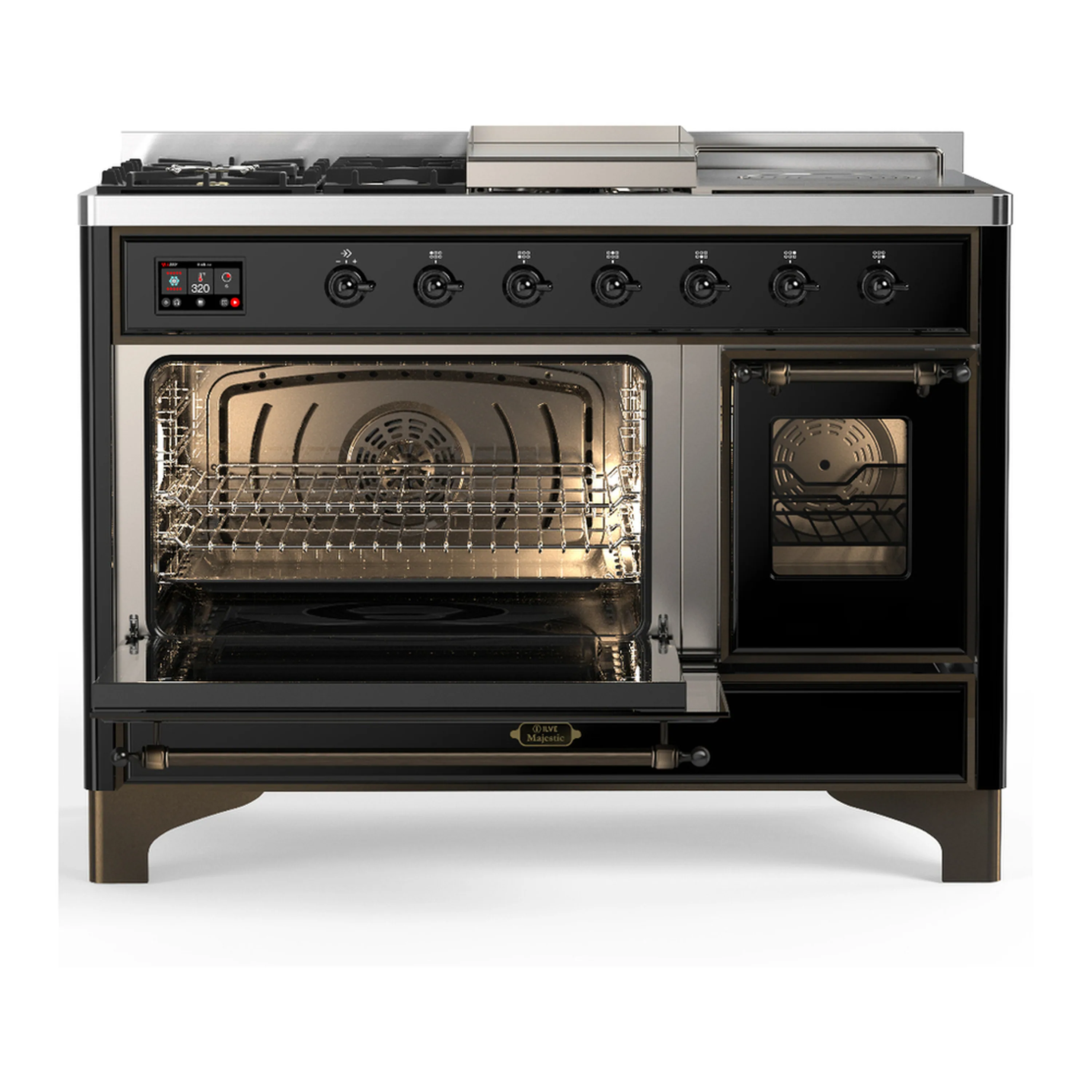 ILVE Majestic III 48-inch Dual Fuel Range with 5 Liquid Propane Burner, Griddle, French Top and Triple Glass Door Electric Oven in Glossy Black with Burnished Trim (UM48FSNR3BKBLP) - Image 5