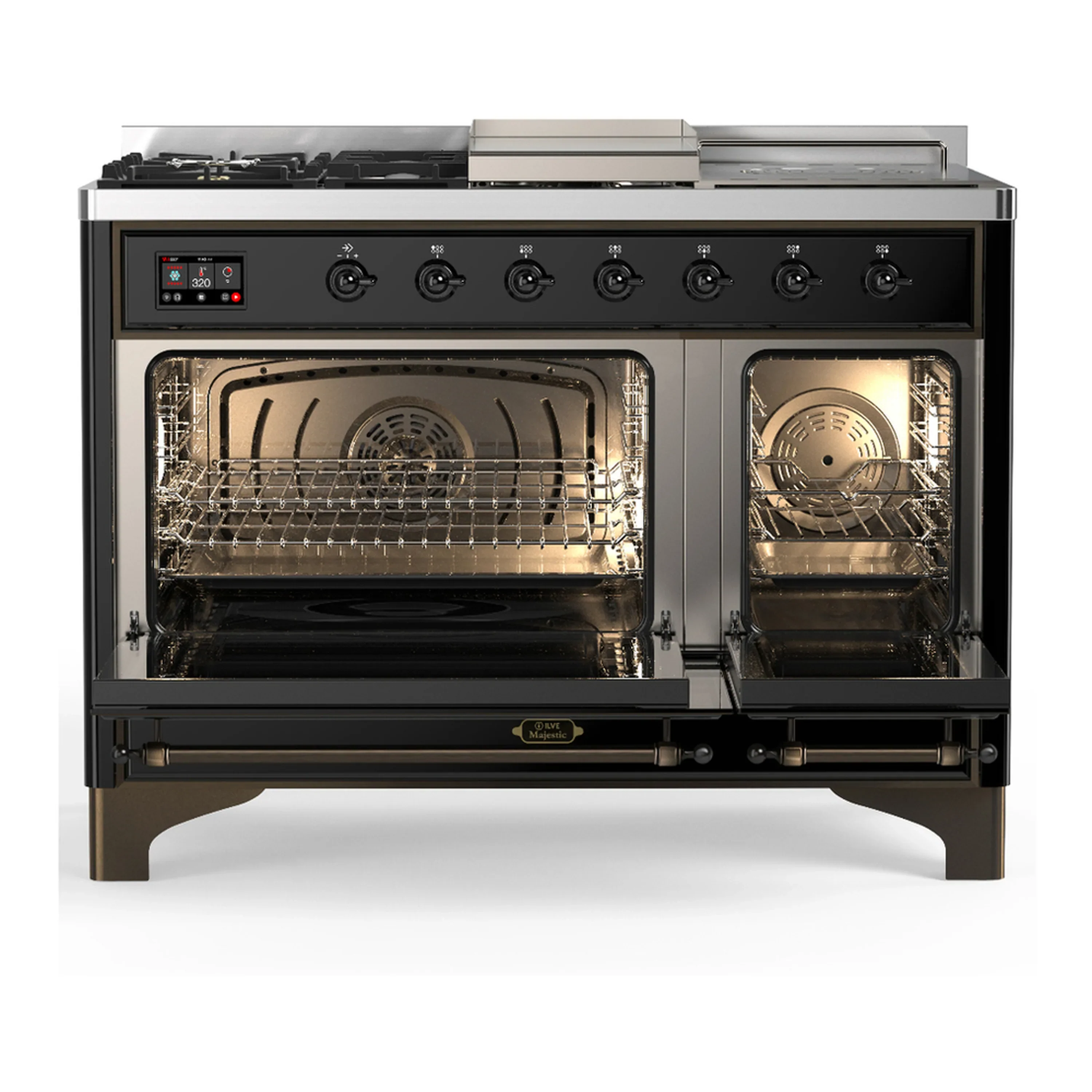 ILVE Majestic III 48-inch Dual Fuel Range with 5 Liquid Propane Burner, Griddle, French Top and Triple Glass Door Electric Oven in Glossy Black with Burnished Trim (UM48FSNR3BKBLP) - Image 6