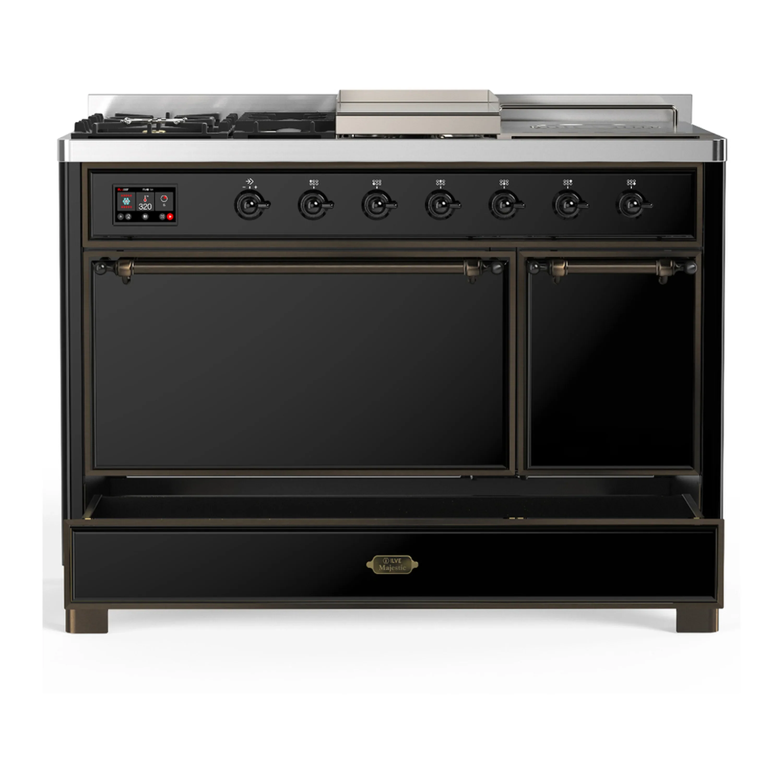 ILVE Majestic III 48-inch Dual Fuel Range with 5 Natural Gas Burner, Griddle, French Top and Solid Door Electric Oven in Glossy Black with Burnished Trim (UM48FSQNR3BKB) - Image 3