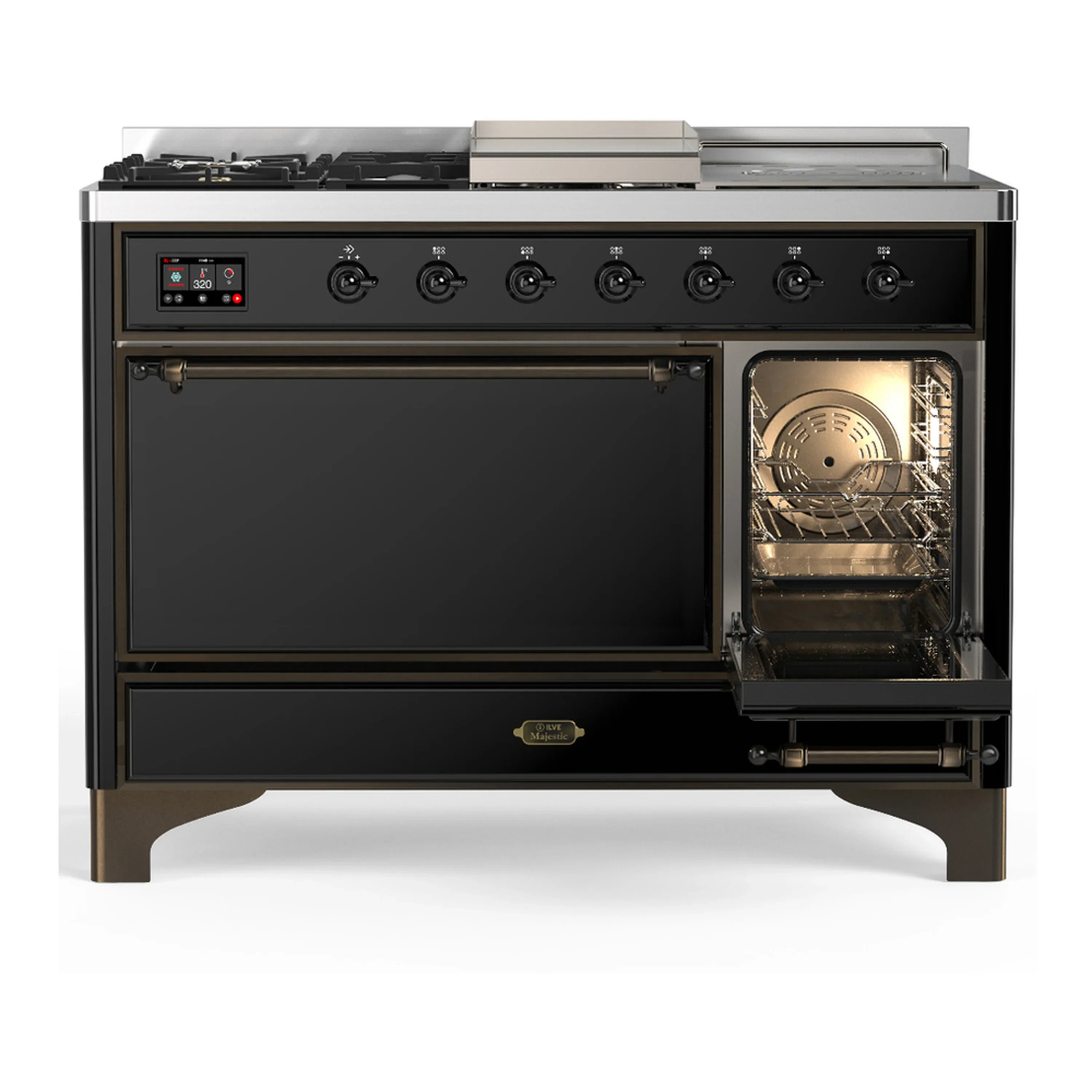ILVE Majestic III 48-inch Dual Fuel Range with 5 Natural Gas Burner, Griddle, French Top and Solid Door Electric Oven in Glossy Black with Burnished Trim (UM48FSQNR3BKB) - Image 4