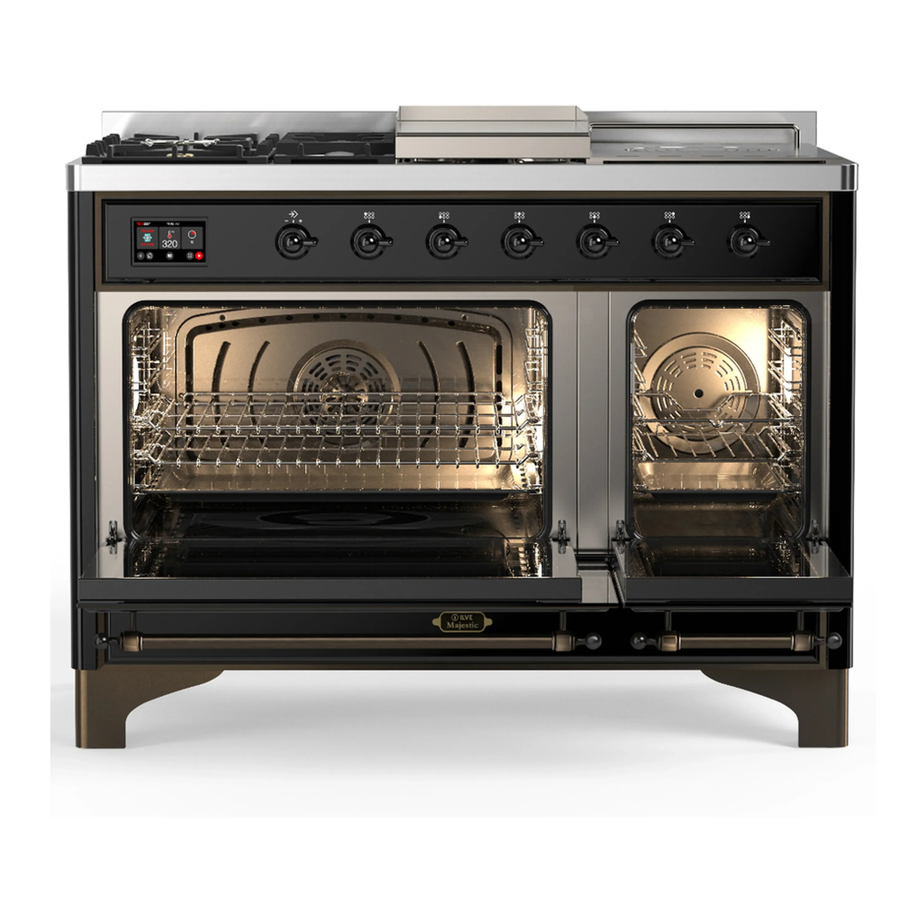 ILVE Majestic III 48-inch Dual Fuel Range with 5 Natural Gas Burner, Griddle, French Top and Solid Door Electric Oven in Glossy Black with Burnished Trim (UM48FSQNR3BKB) - Image 6