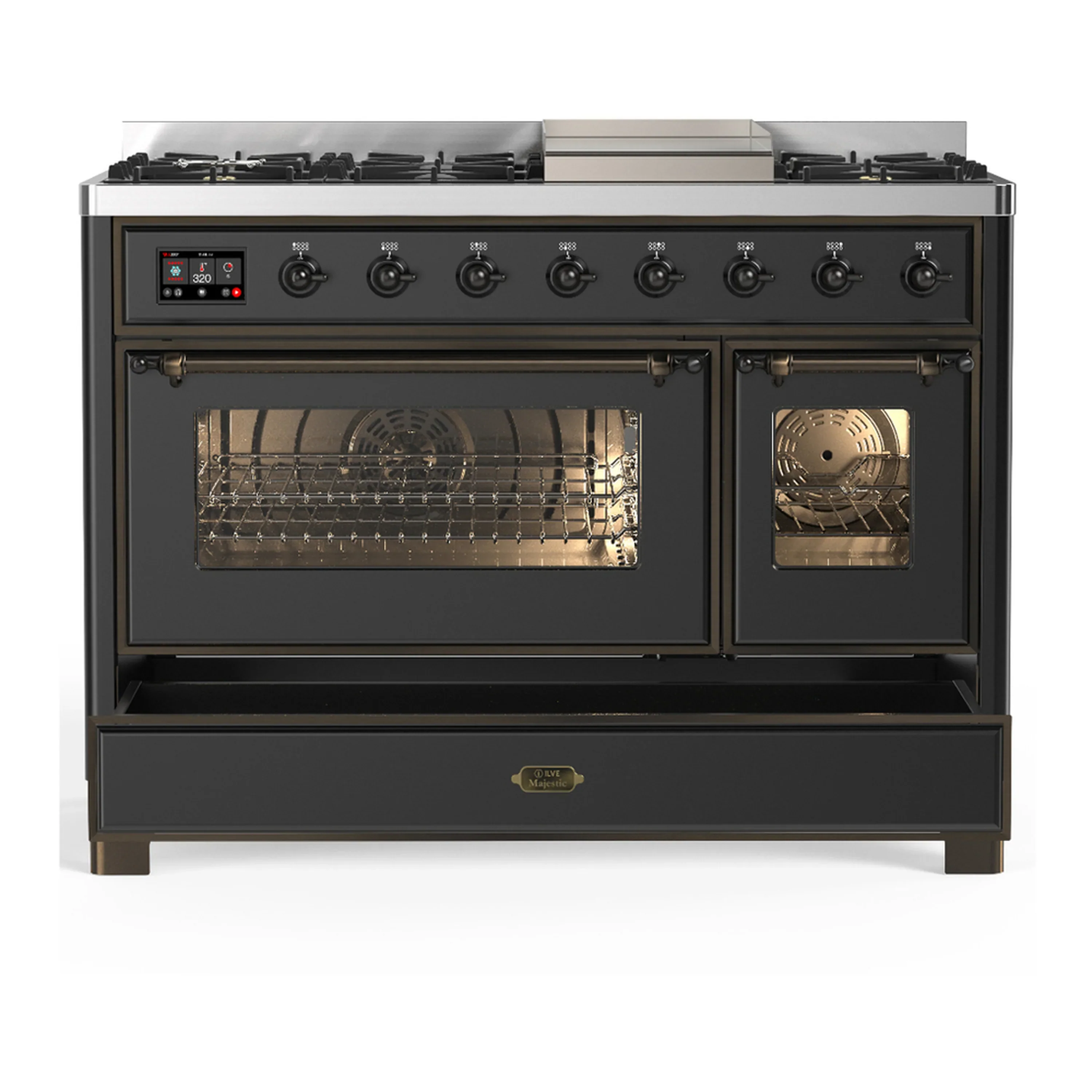 ILVE Majestic III 48-inch Dual Fuel Range with 5 Liquid Propane Burner, Griddle and Triple Glass Door Electric Oven in Graphite Matte with Burnished Trim (UM48FNR3MGBLP) - Image 3