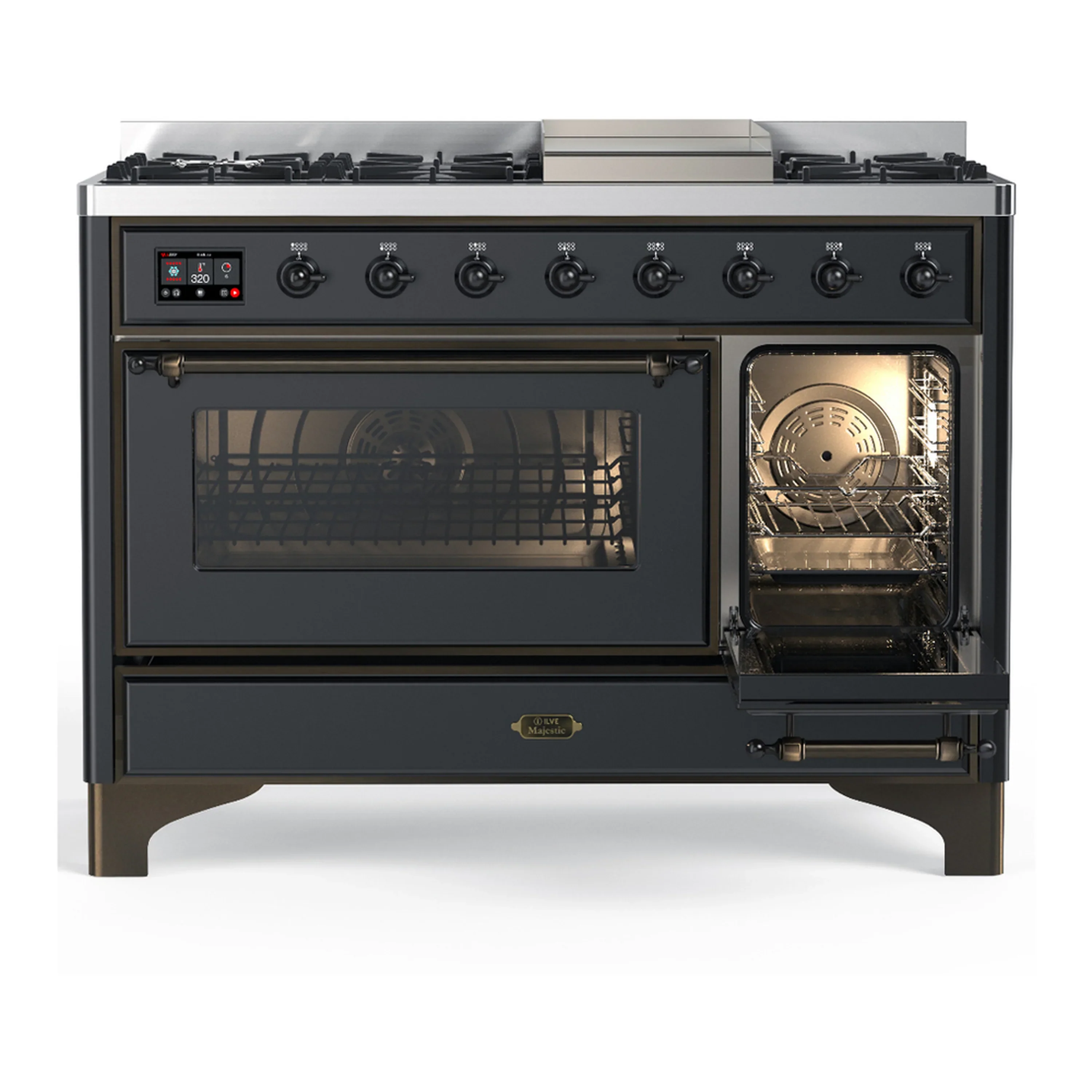 ILVE Majestic III 48-inch Dual Fuel Range with 5 Liquid Propane Burner, Griddle and Triple Glass Door Electric Oven in Graphite Matte with Burnished Trim (UM48FNR3MGBLP) - Image 4