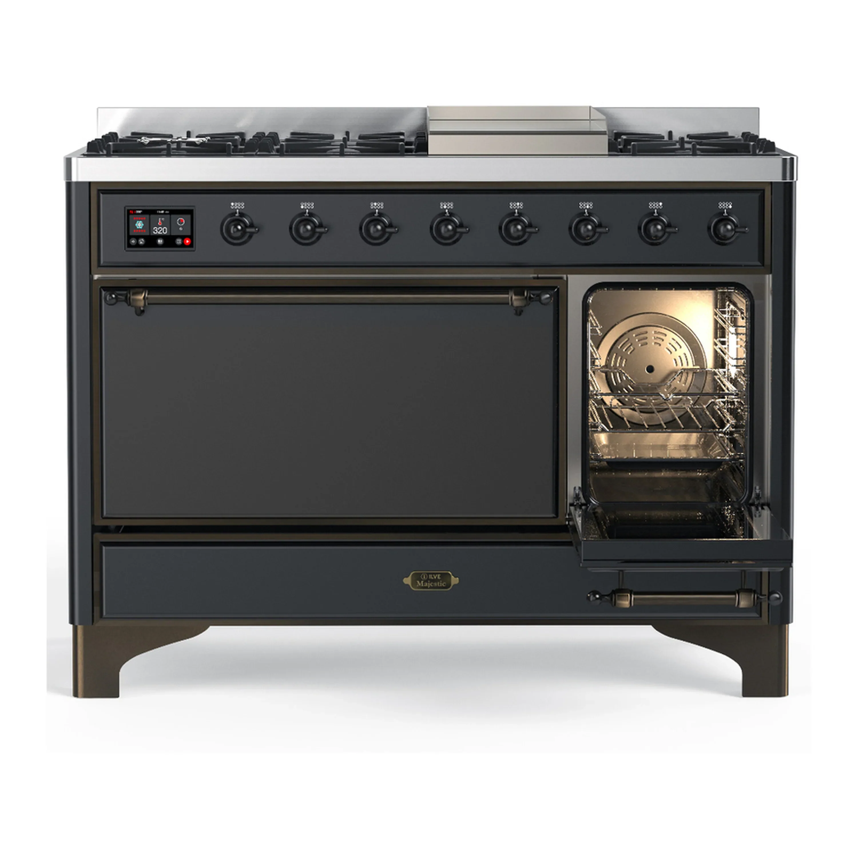ILVE Majestic III 48-inch Dual Fuel Range with 5 Natural Gas Burner, Griddle and Solid Door Electric Oven in Graphite Matte with Burnished Trim (UM48FQNR3MGB) - Image 4