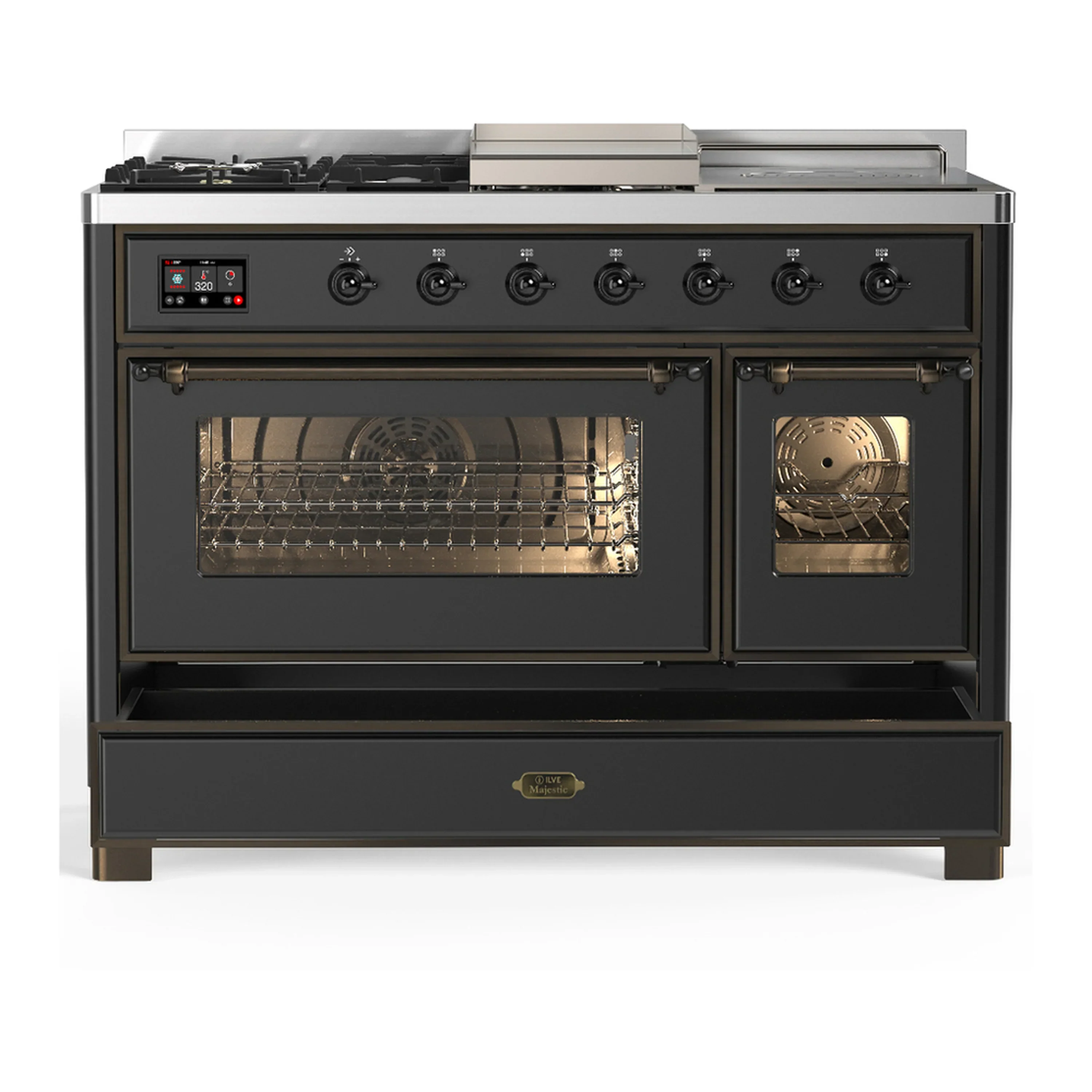 ILVE Majestic III 48-inch Dual Fuel Range with 5 Natural Gas Burner, Griddle, French Top and Triple Glass Door Electric Oven in Graphite Matte with Burnished Trim (UM48FSNR3MGB) - Image 3