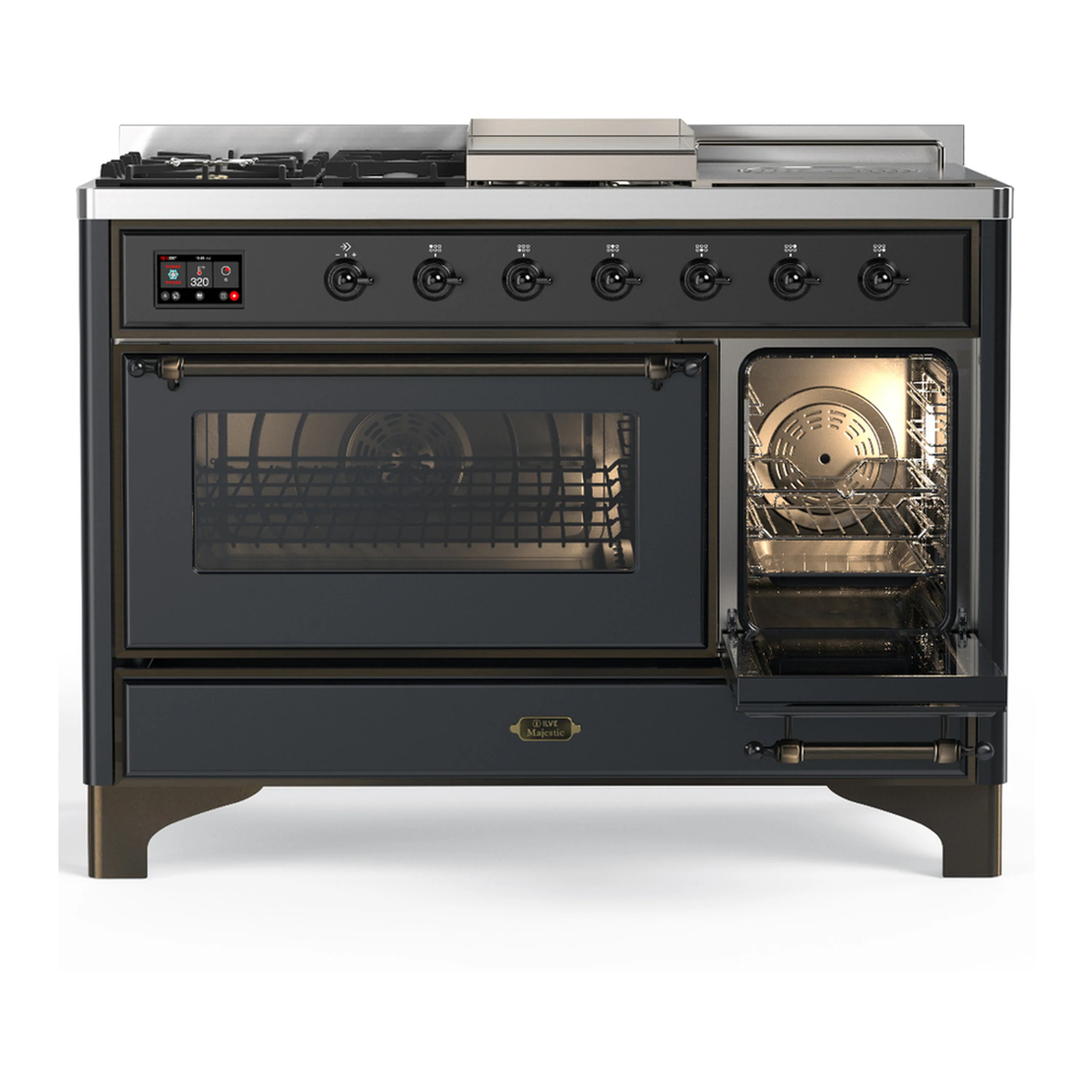 ILVE Majestic III 48-inch Dual Fuel Range with 5 Natural Gas Burner, Griddle, French Top and Triple Glass Door Electric Oven in Graphite Matte with Burnished Trim (UM48FSNR3MGB) - Image 4