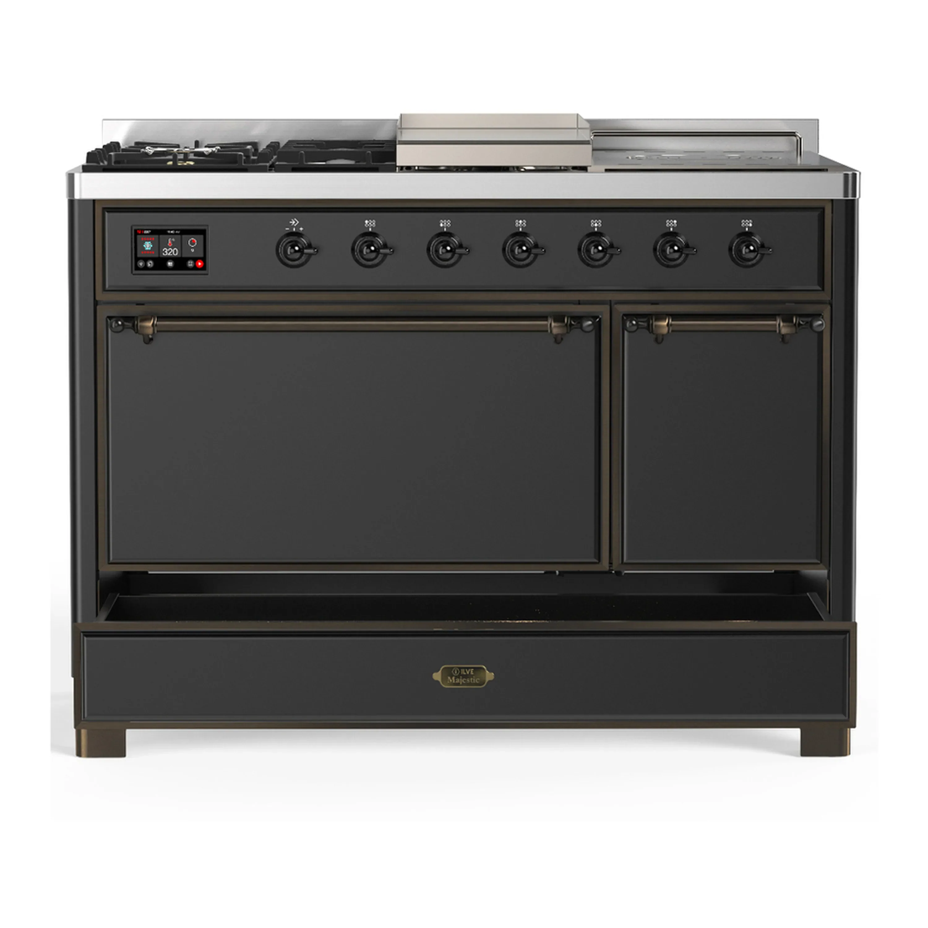 ILVE Majestic III 48-inch Dual Fuel Range with 5 Liquid Propane Burner, Griddle, French Top and Solid Door Electric Oven in Graphite Matte with Burnished Trim (UM48FSQNR3MGBLP) - Image 3