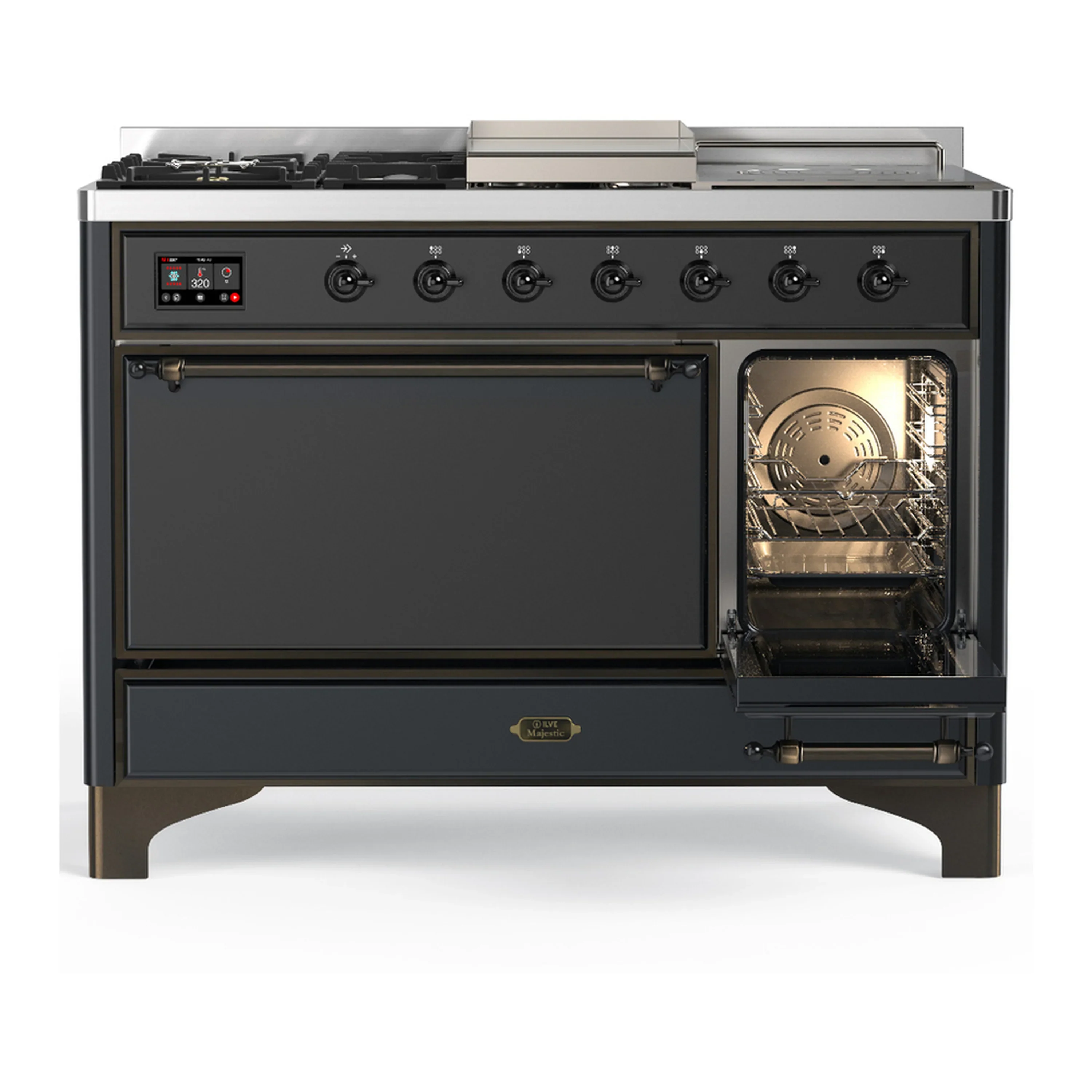 ILVE Majestic III 48-inch Dual Fuel Range with 5 Liquid Propane Burner, Griddle, French Top and Solid Door Electric Oven in Graphite Matte with Burnished Trim (UM48FSQNR3MGBLP) - Image 4